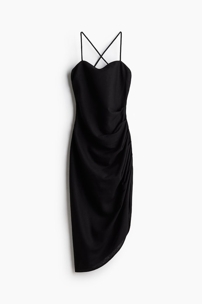 Vestido drapeado en mezcla de lino - Negro - 1