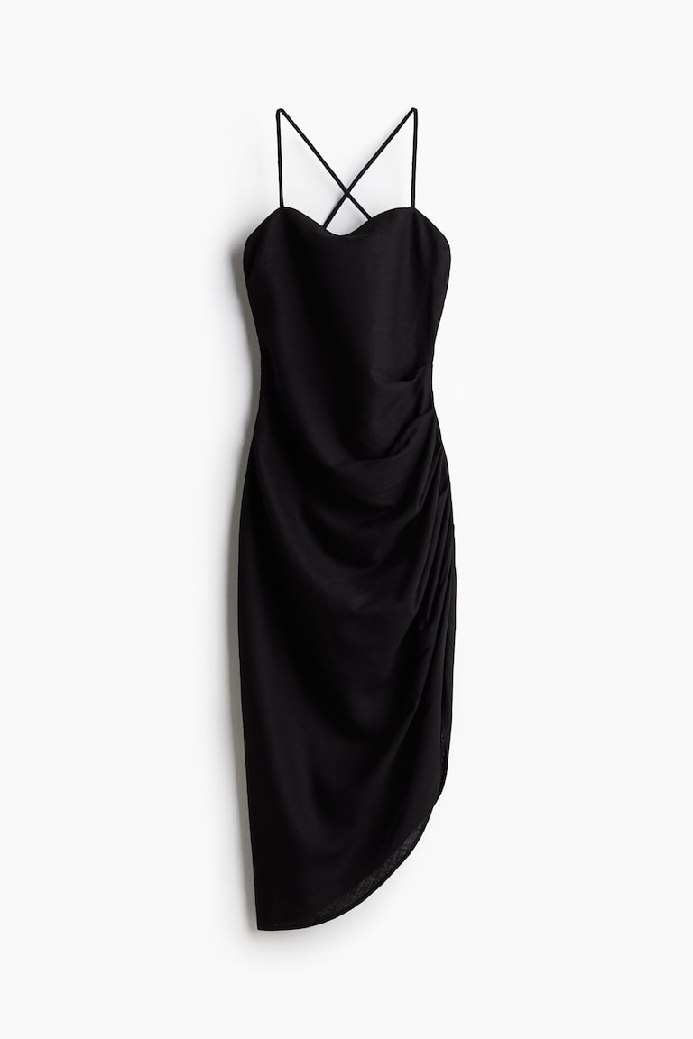 Draped Linen-Blend Dress - Black