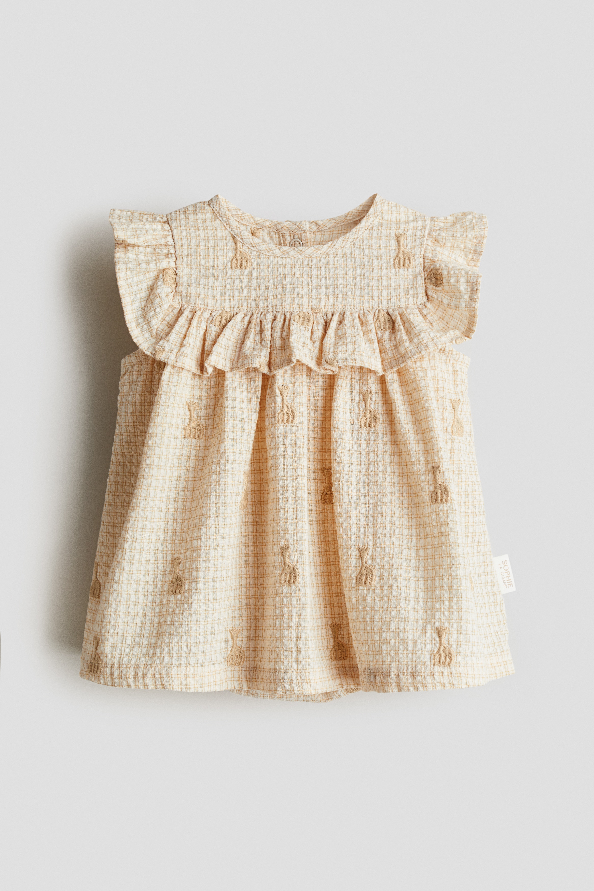 Vestido em anarruga com motivos bordados - Bege claro