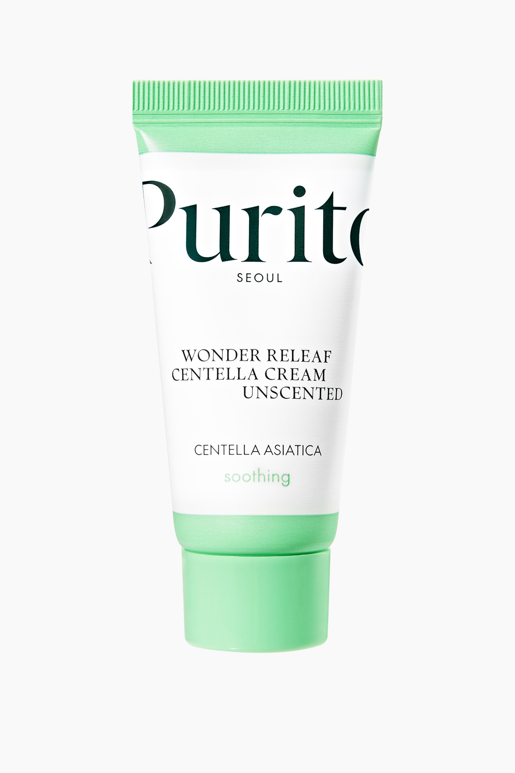Se større billede: Et Purito Wonder Releaf Centella Cream Unscented tube står oprejst, vendt fremad. Den har en hvid krop med en lysegrøn krøllet forsegling øverst og en lysegrøn skruelåg nederst. Mørkegrøn "Purito SEOUL" branding er synlig, sammen med mørkegrå tekst, der lyder "WONDER RELEAF CENTELLA CREAM UNSCENTED" og "CENTELLA ASIATICA," samt lysegrøn "soothing" tekst.