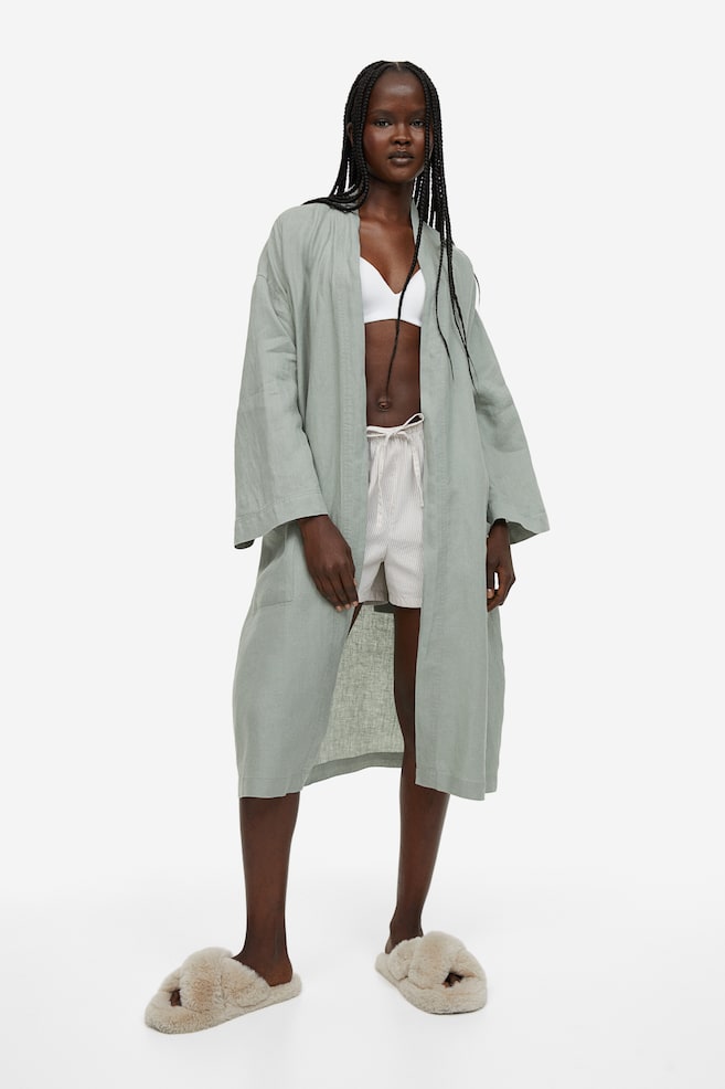 Washed linen dressing gown - Sage green/White/Light grey/Grey/dc/dc/dc/dc/dc - 2