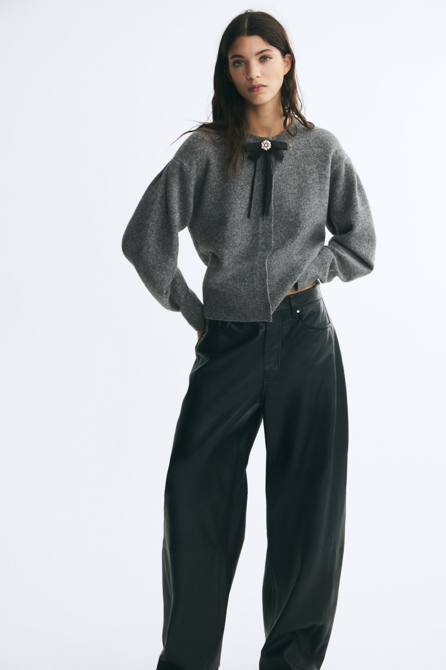 Женский кардиган H&M Bow-Detail Puff-Sleeved, цвет: Серый меланжевый — фото 3