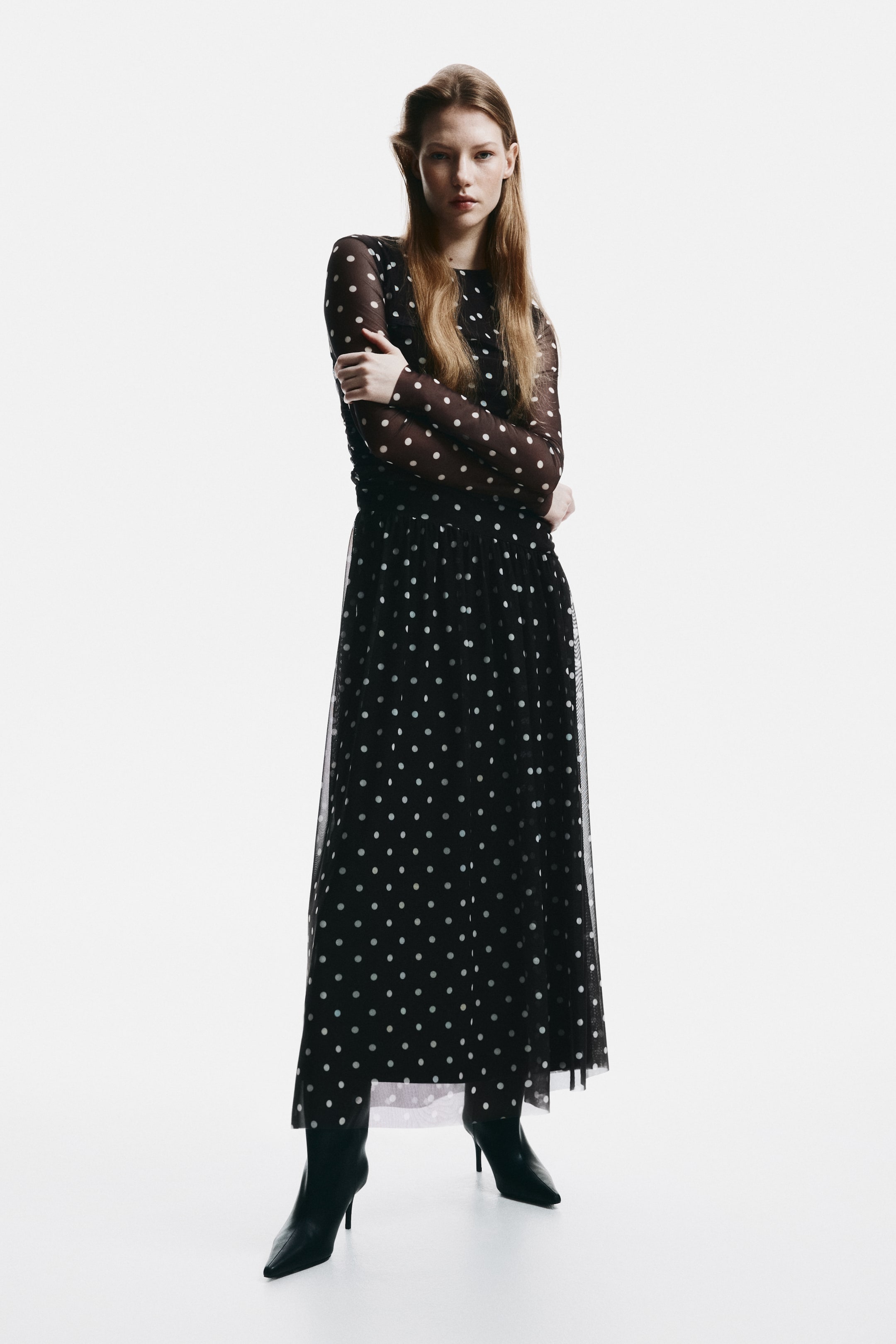 Grotere afbeelding bekijken: Gedrapeerde jurk van mesh - Donkerbruin/polkadot - DAMES | H&M NL 2