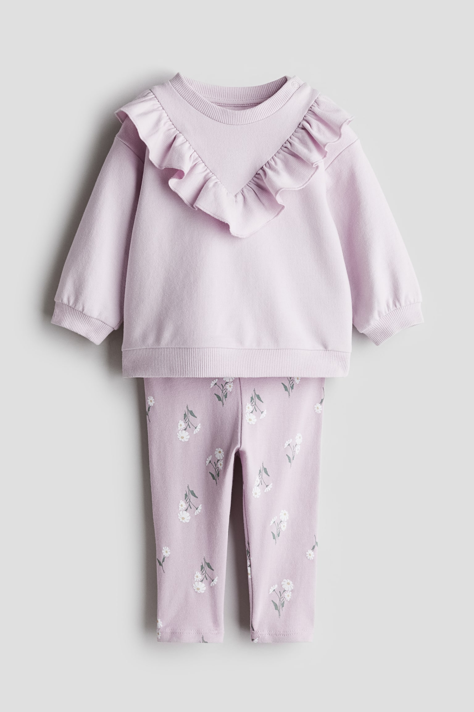 2-piece Cotton Set - Light purple/Floral/Dark grey/Teddy bear - 1