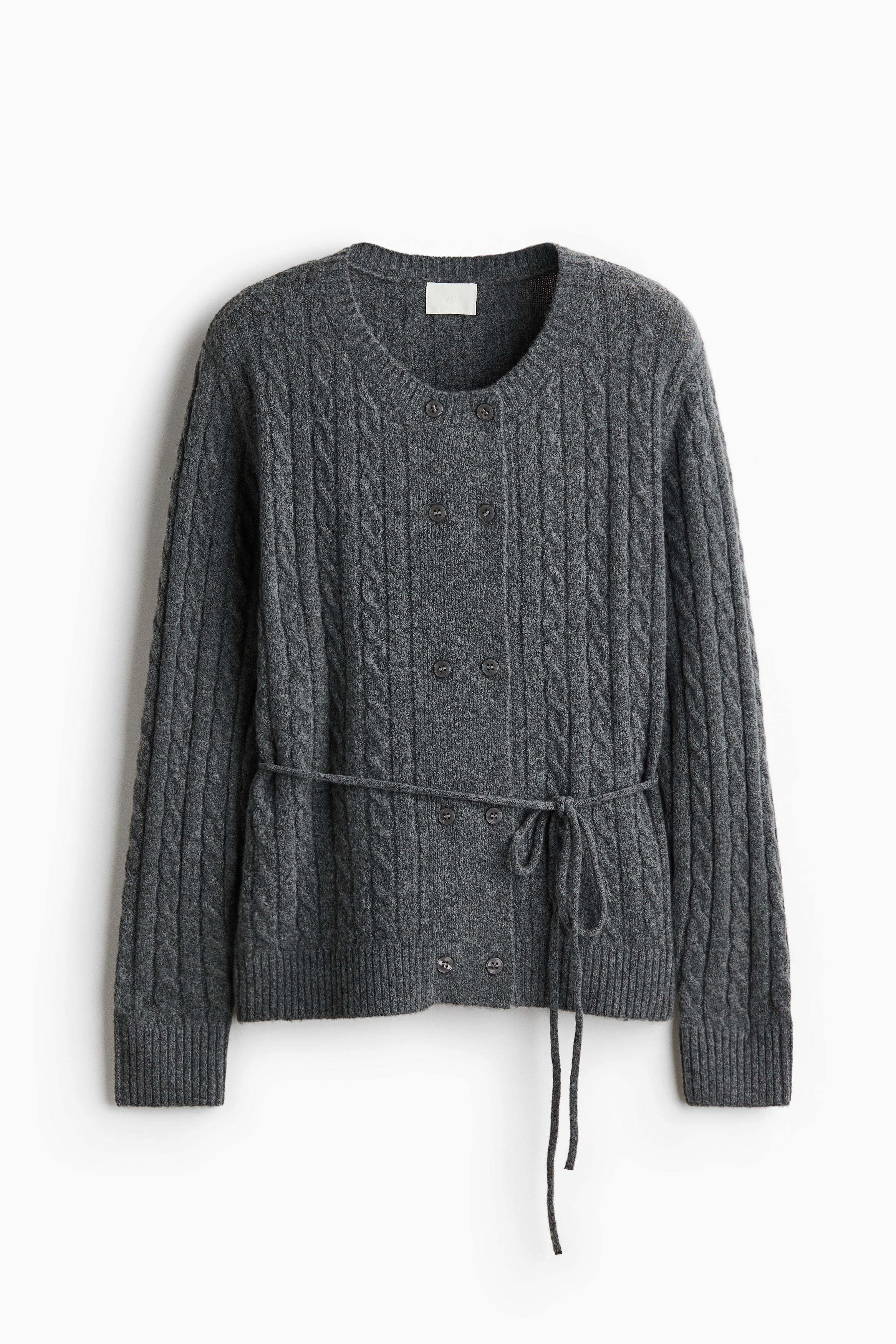 Cable-Knit Tie-Belt Cardigan - Dark gray/Beige melange