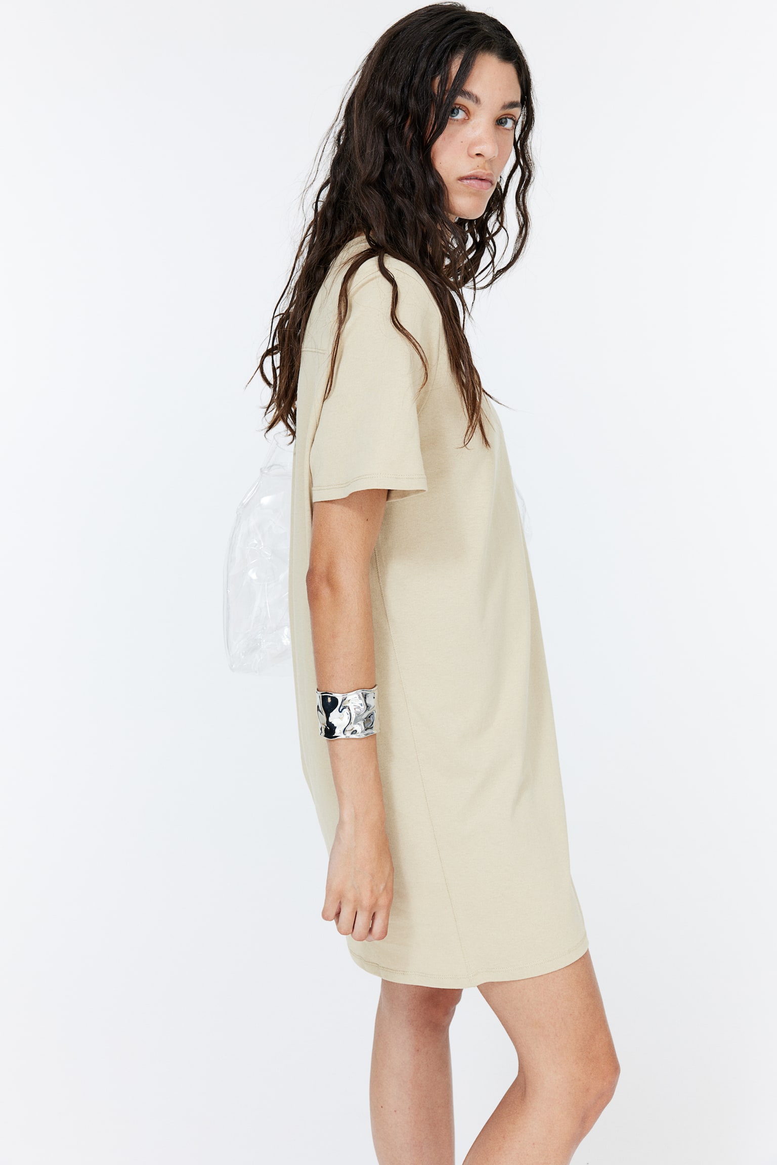 Shoulder-pad T-shirt dress - Light beige/White/Black - 3