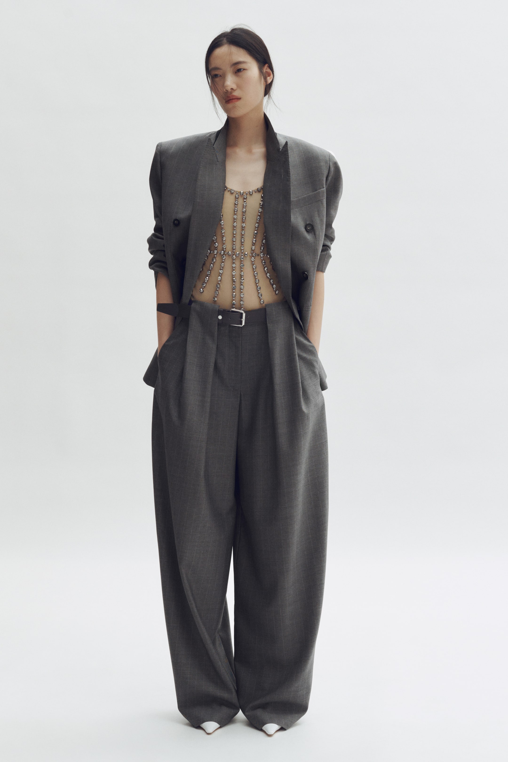 View larger image: Barrel-leg wool trousers - Dark grey/Pinstriped - Ladies | H&M 1