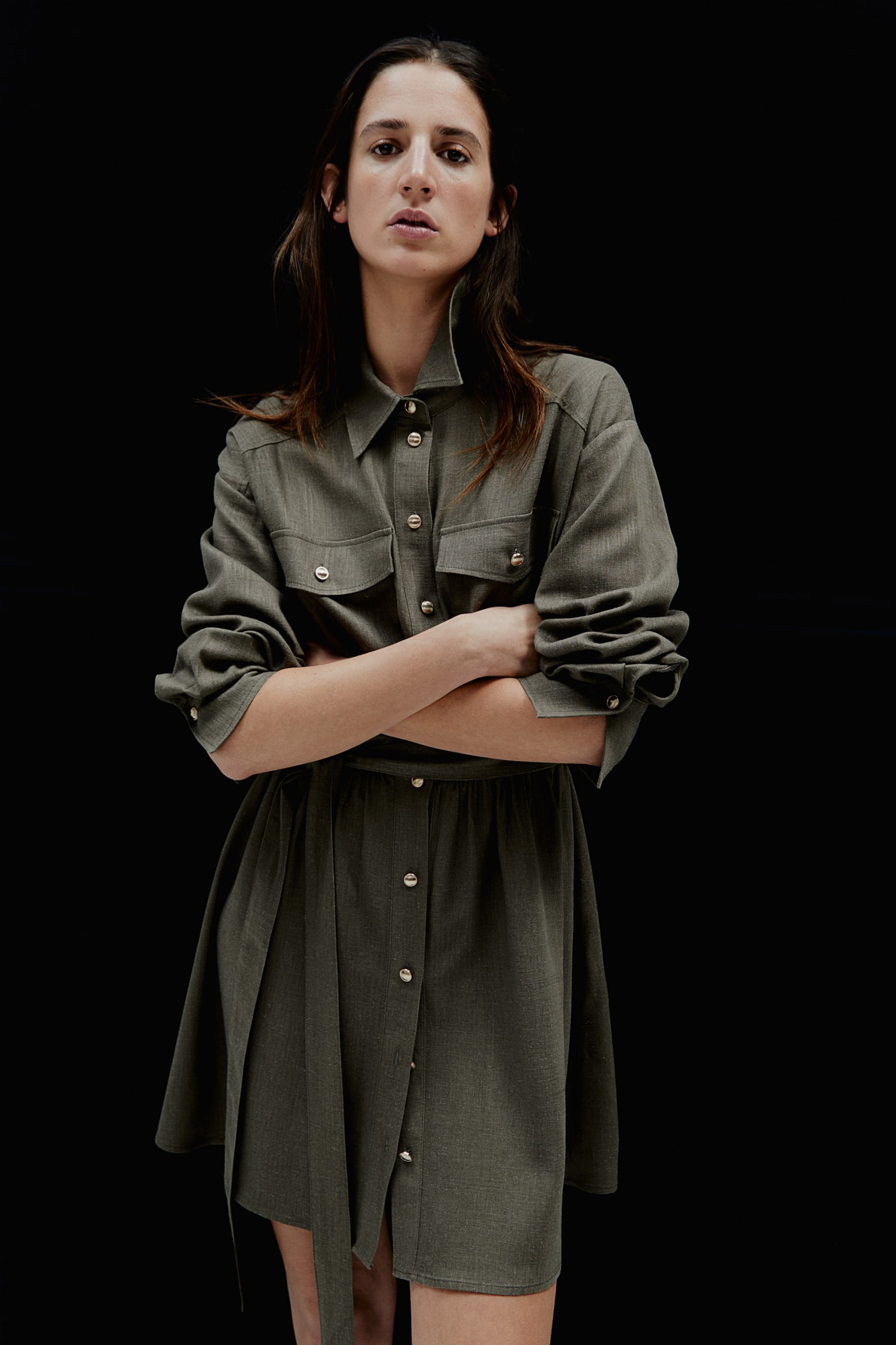 Linen Blend Shirt Dress - Dark khaki green - 4