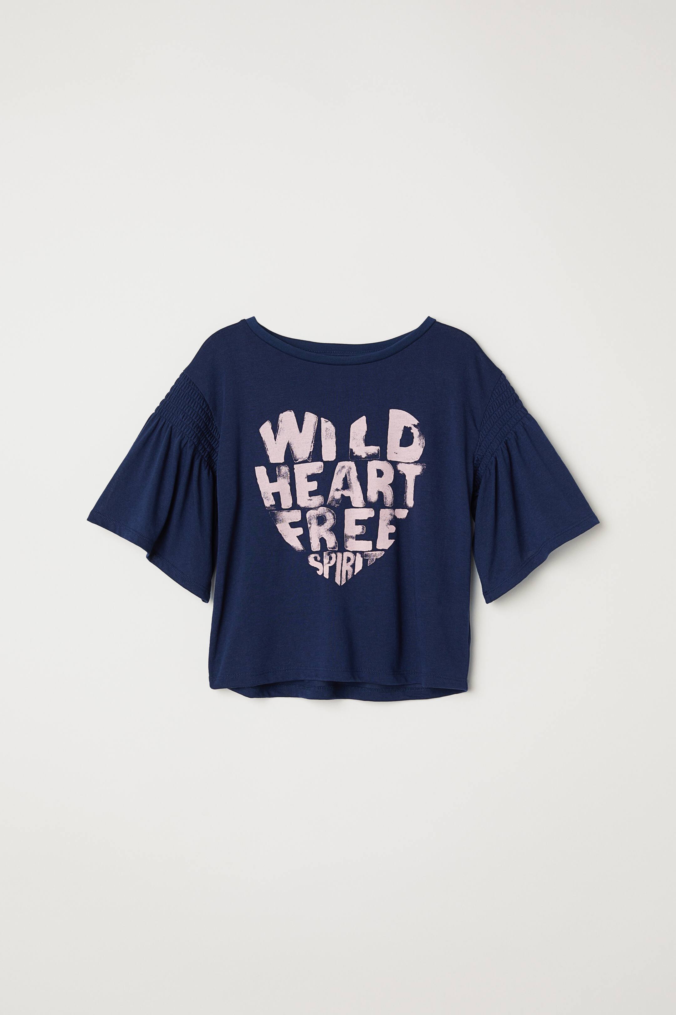 View larger image: Flounce-sleeved Top - Dark blue/Wild Heart - Kids | H&M US 1