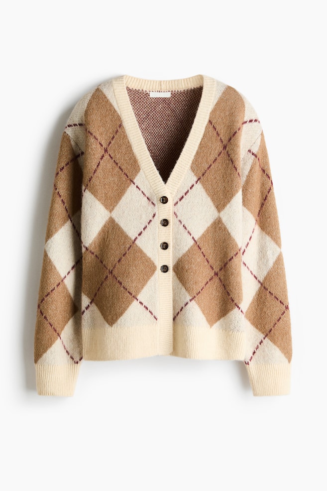 Jacquard Knit Cardigan - Light beige/Argyle pattern - 1