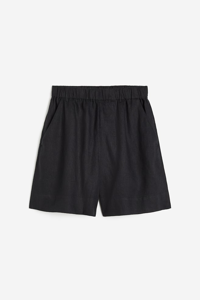 Dra-på-shorts i linne - Svart/Blekgul/Randig - 1
