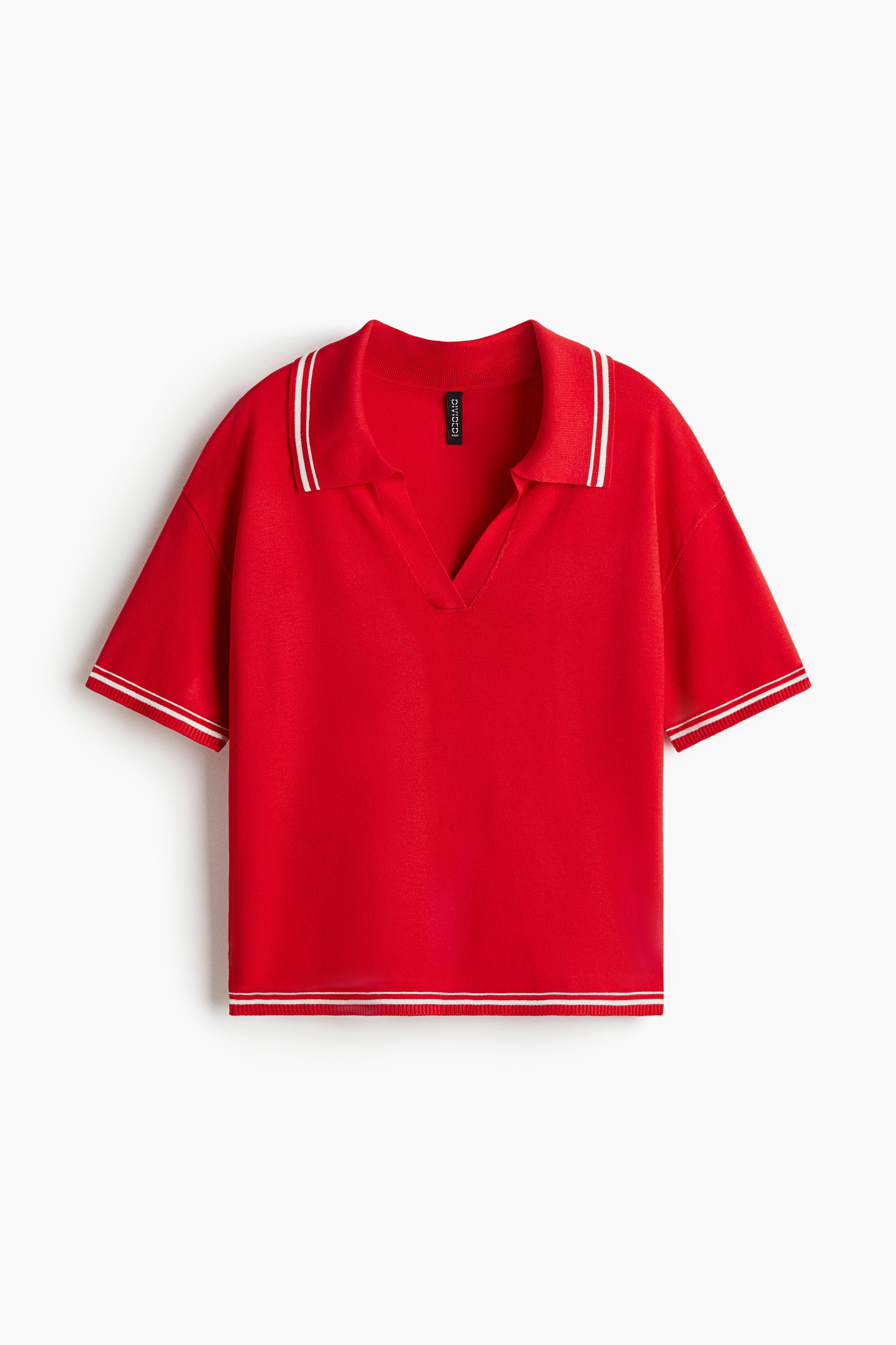 Oversized fine-knit polo shirt - Bright red/Navy blue/Striped