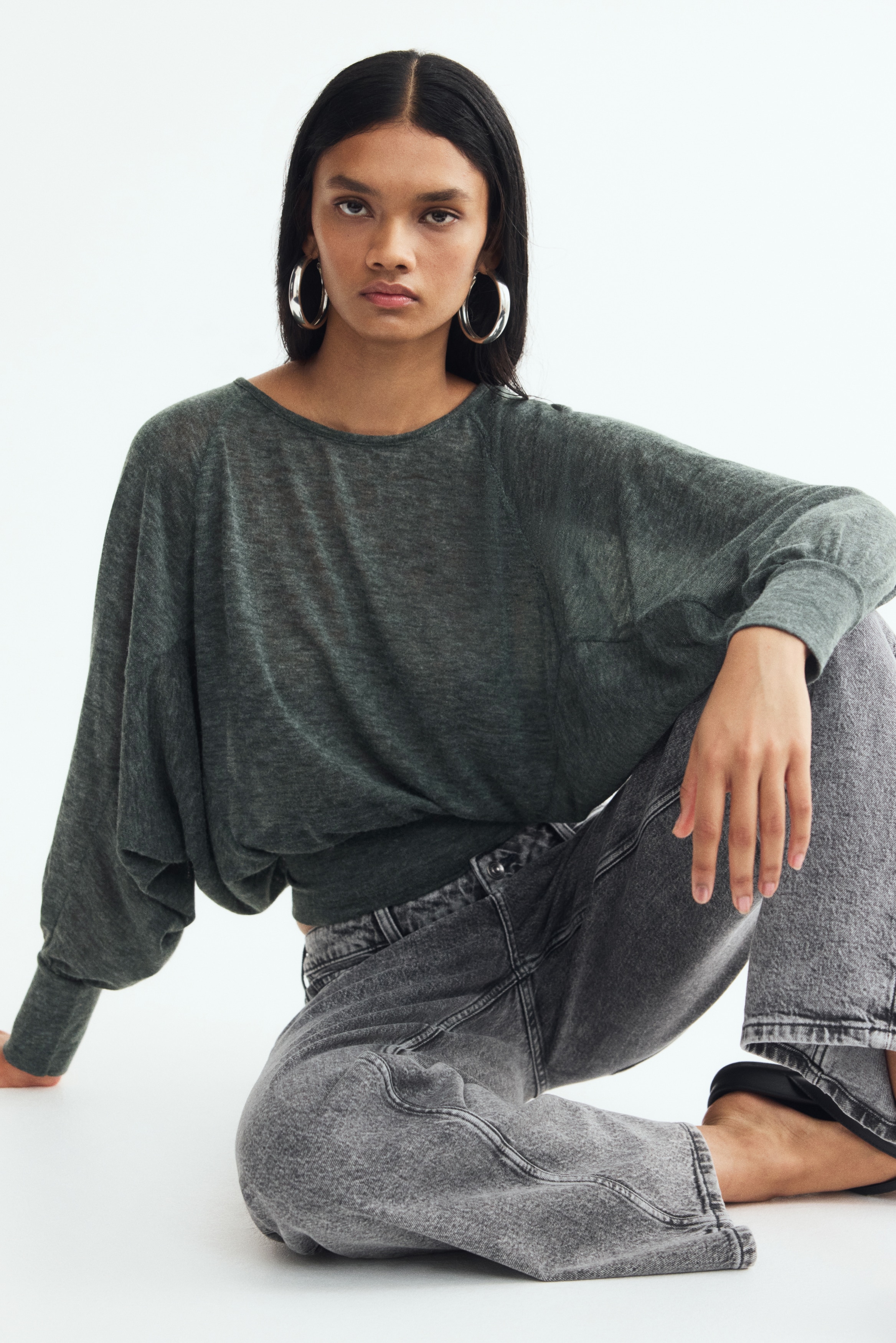 Dolman-sleeved boat-neck top