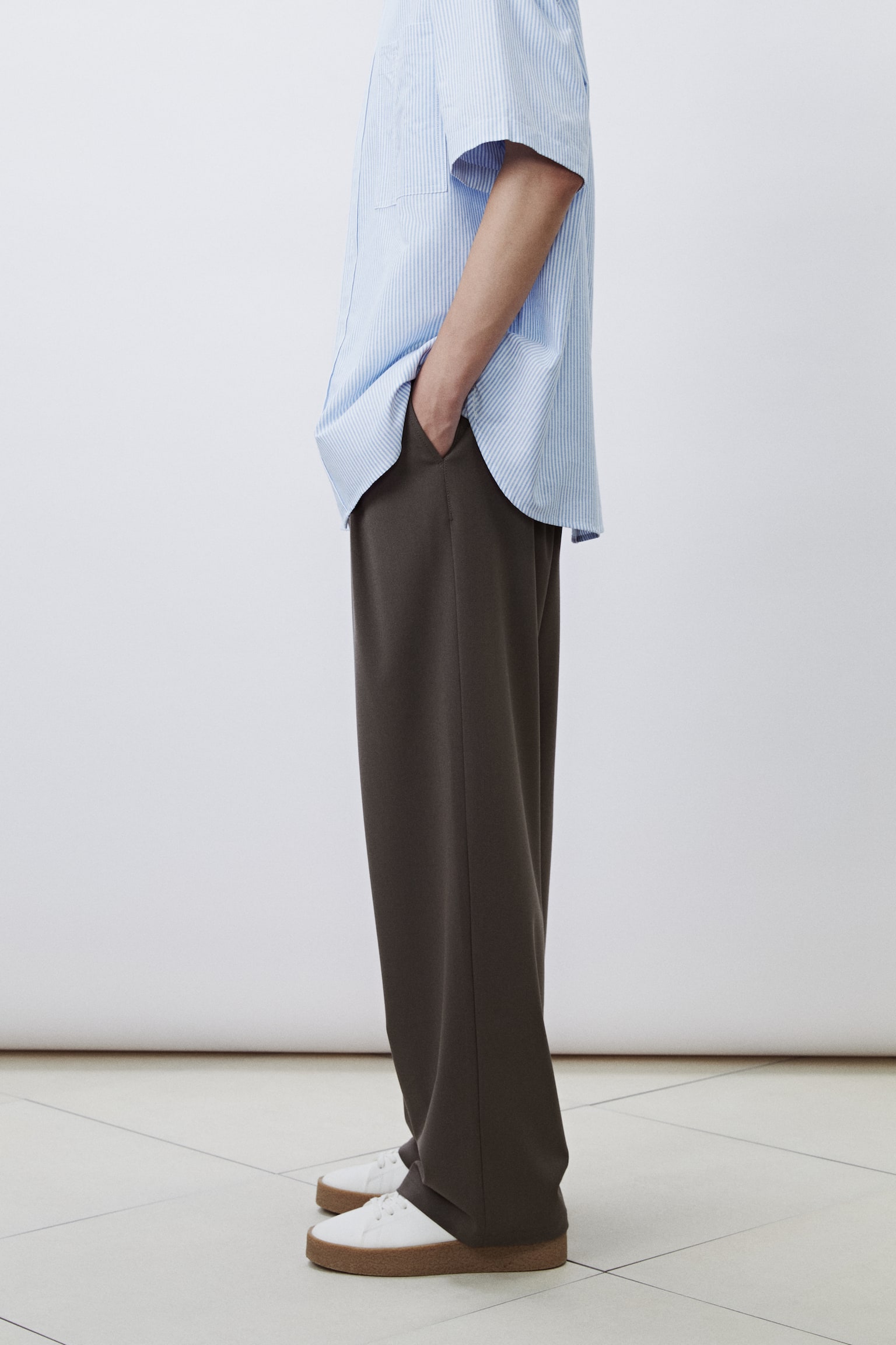 寬鬆斜紋長褲 - 深卡其綠/深咖啡色 - 6