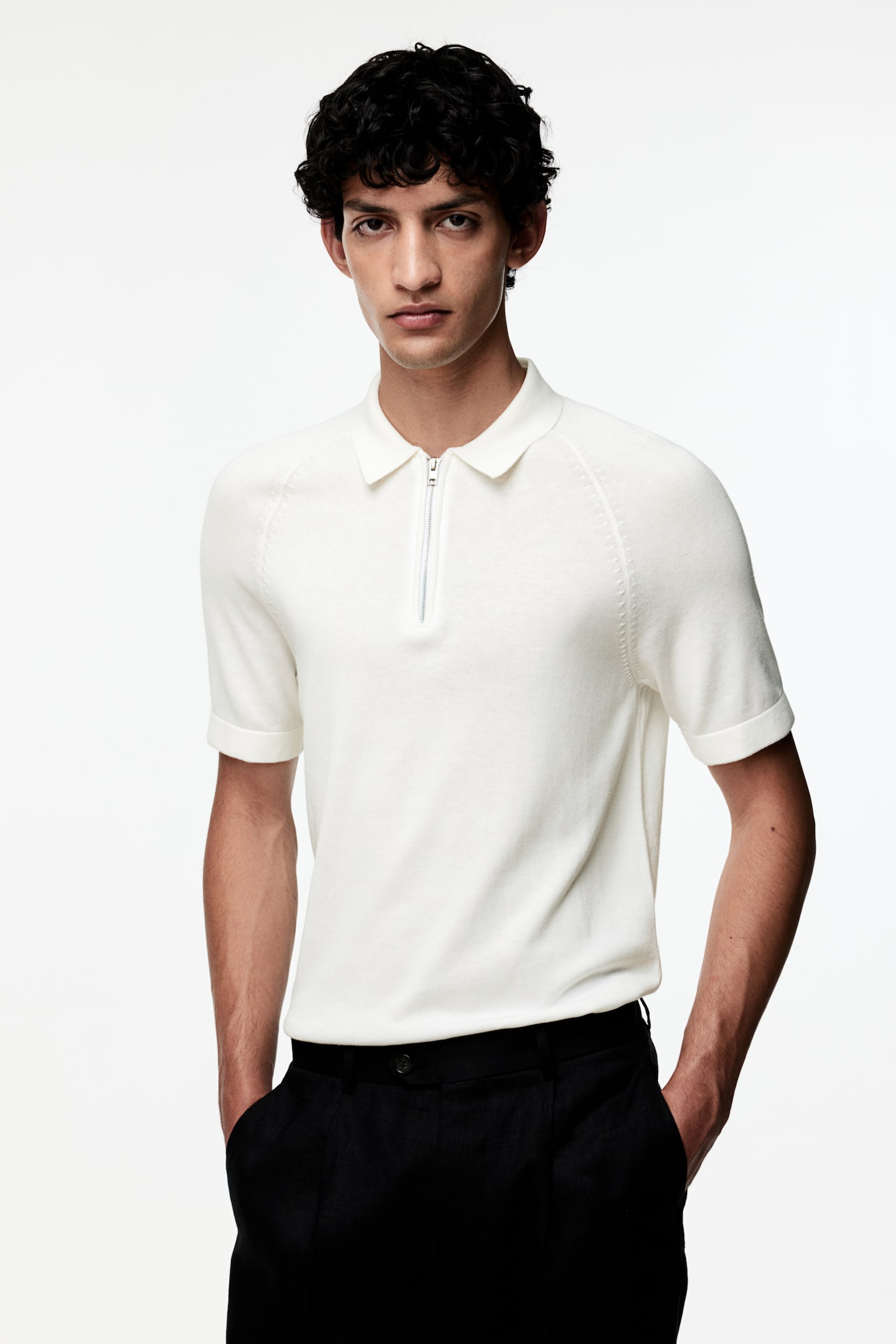 Muscle Fit Half Zip Polo Shirt - White/Black - 6