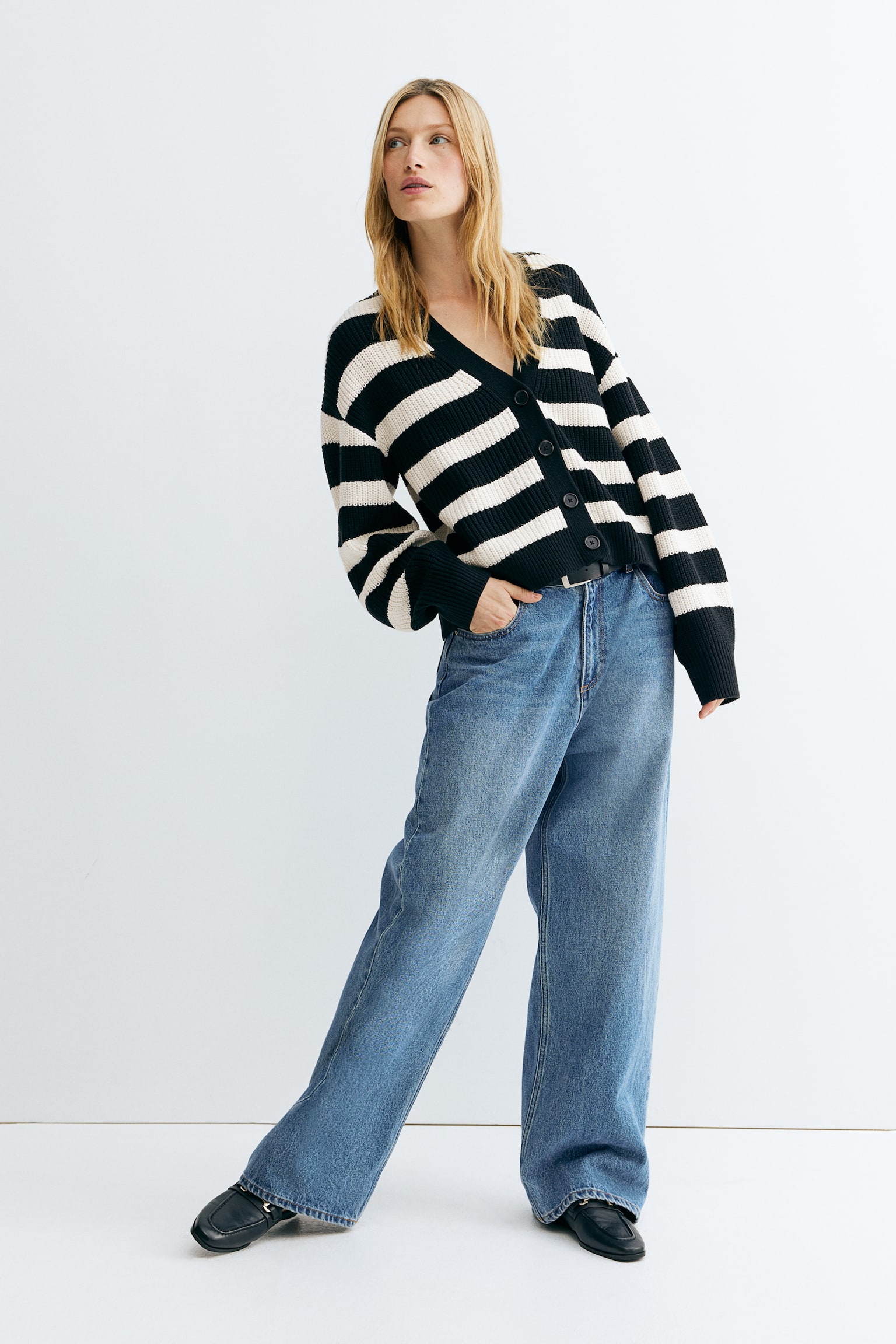 Rib-knit cardigan - Black/Striped/Black/White striped/Pale blue/Cream/Striped - 1