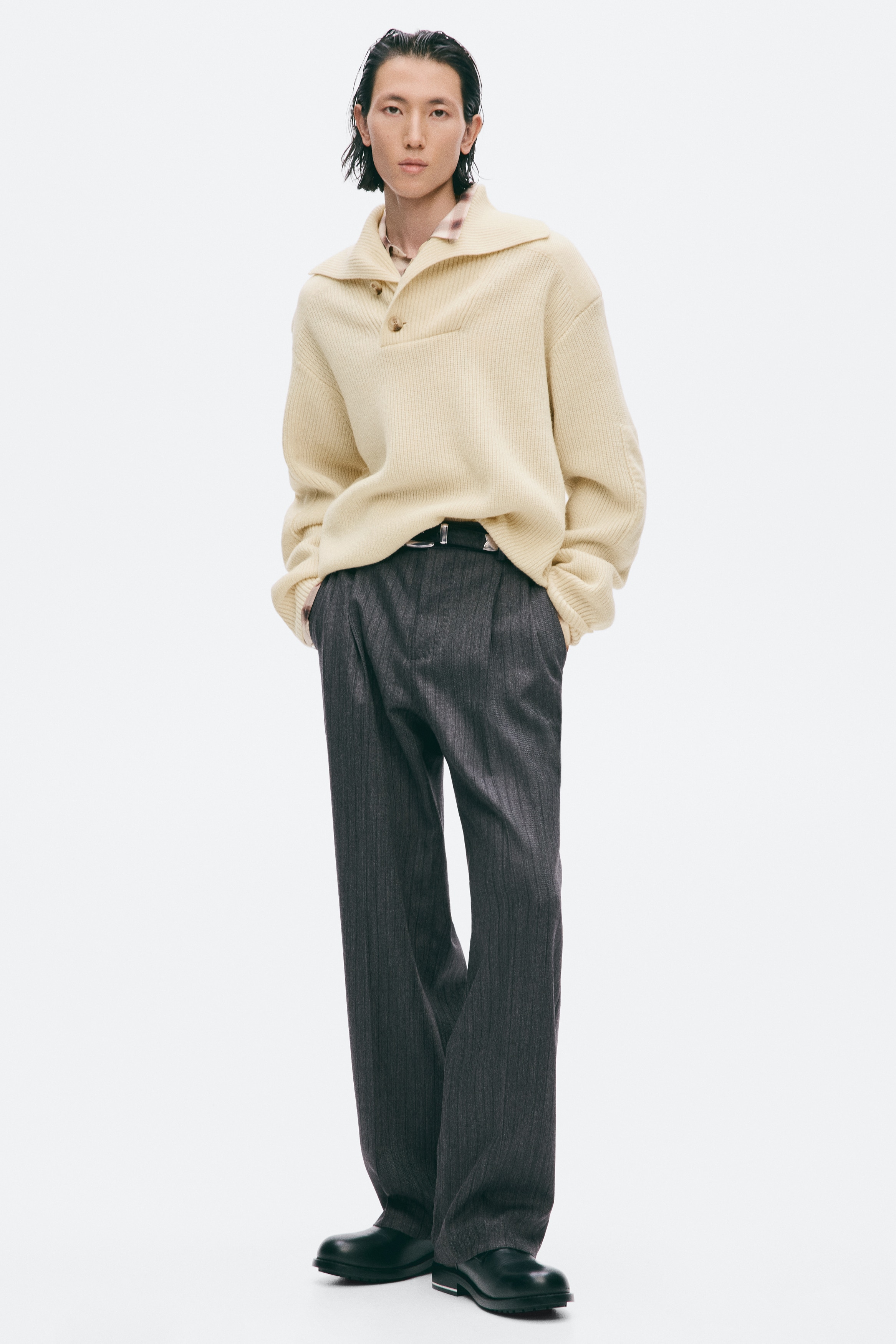 Regular-Fit Shawl-Neck Wool Sweater - Light beige