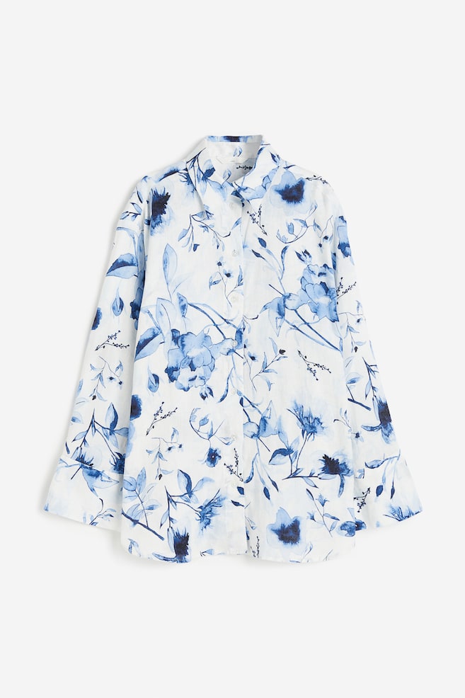 Camicia in lino - Bianco/blu fiori - 2