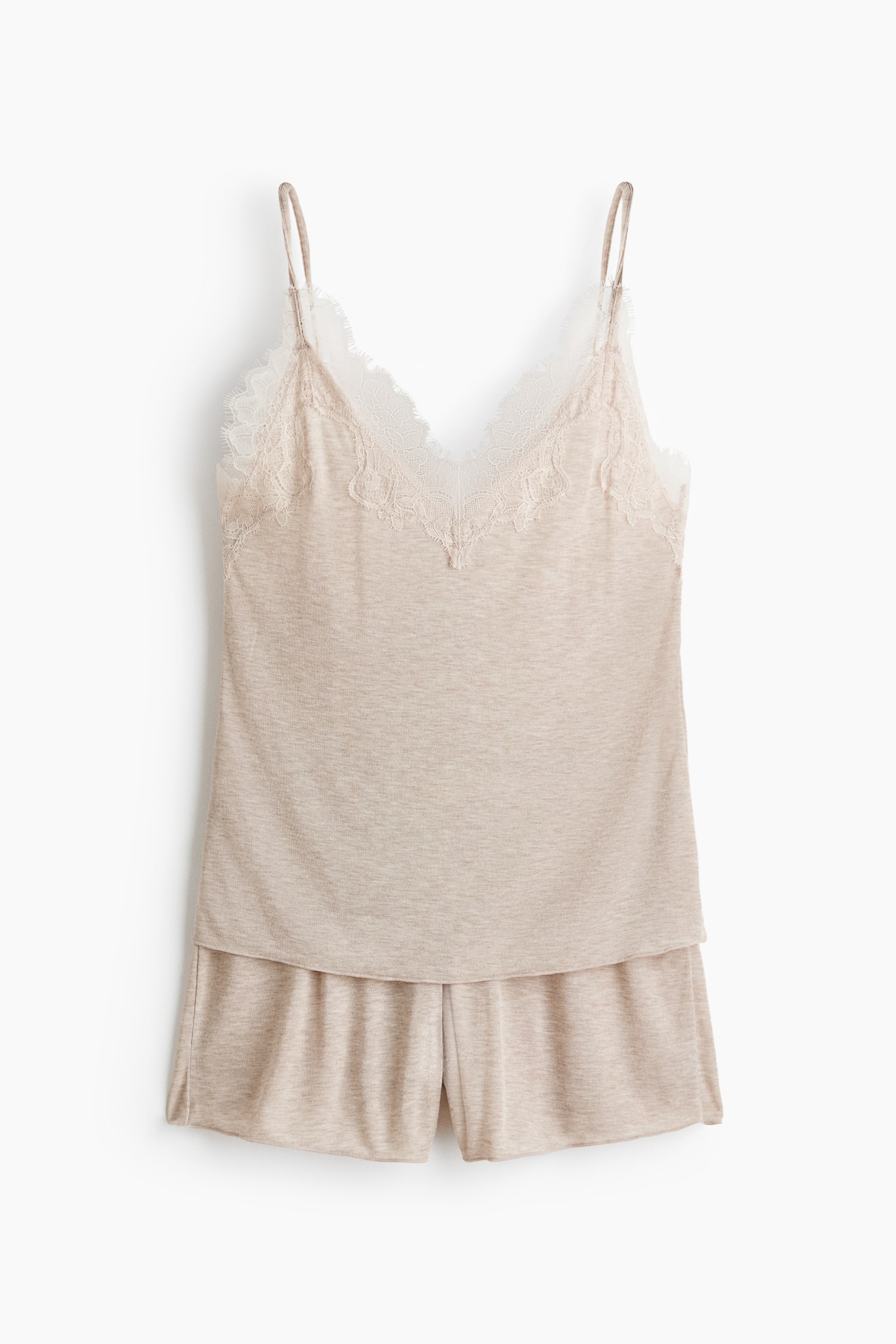 Pyjama avec dentelle - Beige clair chiné/Brun foncé - 1