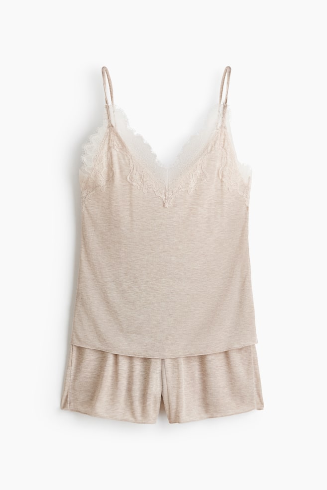 Lace-trimmed pyjamas - Light beige marl/Dark brown - 1