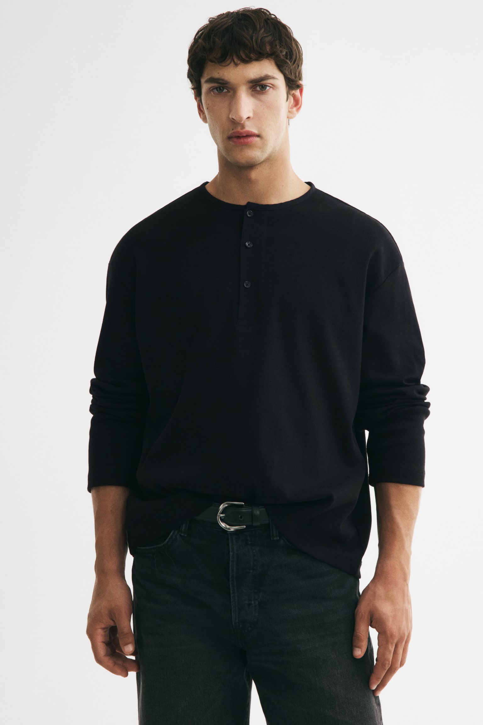 Relaxed Fit Henley top - Black/Ivory/Dark khaki green - 1