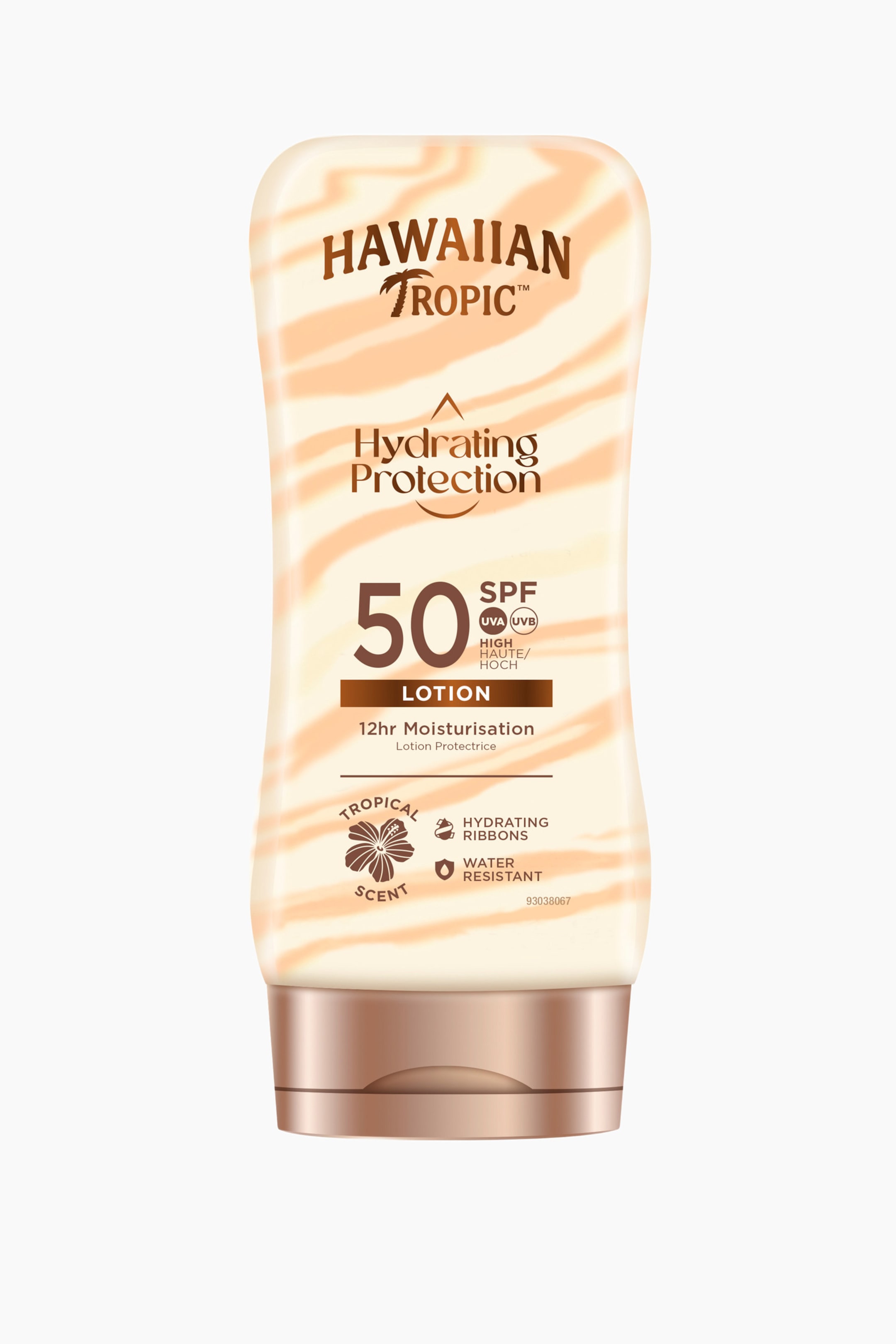 Vis større bilde: En flaske med Hawaiian Tropic Hydrating Protection Lotion er vendt rett fremover, med en kremfarget kropp med lyse oransje bølgete striper. Flasken er toppet med en bronsefarget kork, og etiketten viser tydelig "Hawaiian Tropic" merkevarenavn, "50 SPF UVA UVB," "Hydrating Protection," og "Tropical Scent" detaljer.