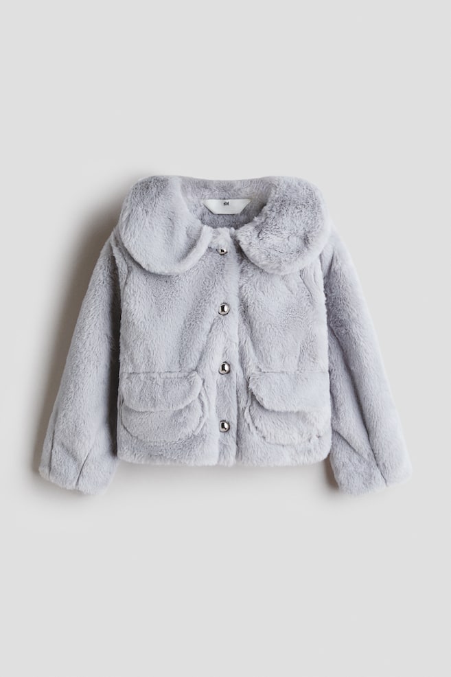 Collared fluffy jacket - Light grey - 1