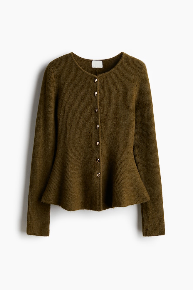 Rib Knit Peplum Cardigan - Dark khaki green/Light grey marle/Black - 1
