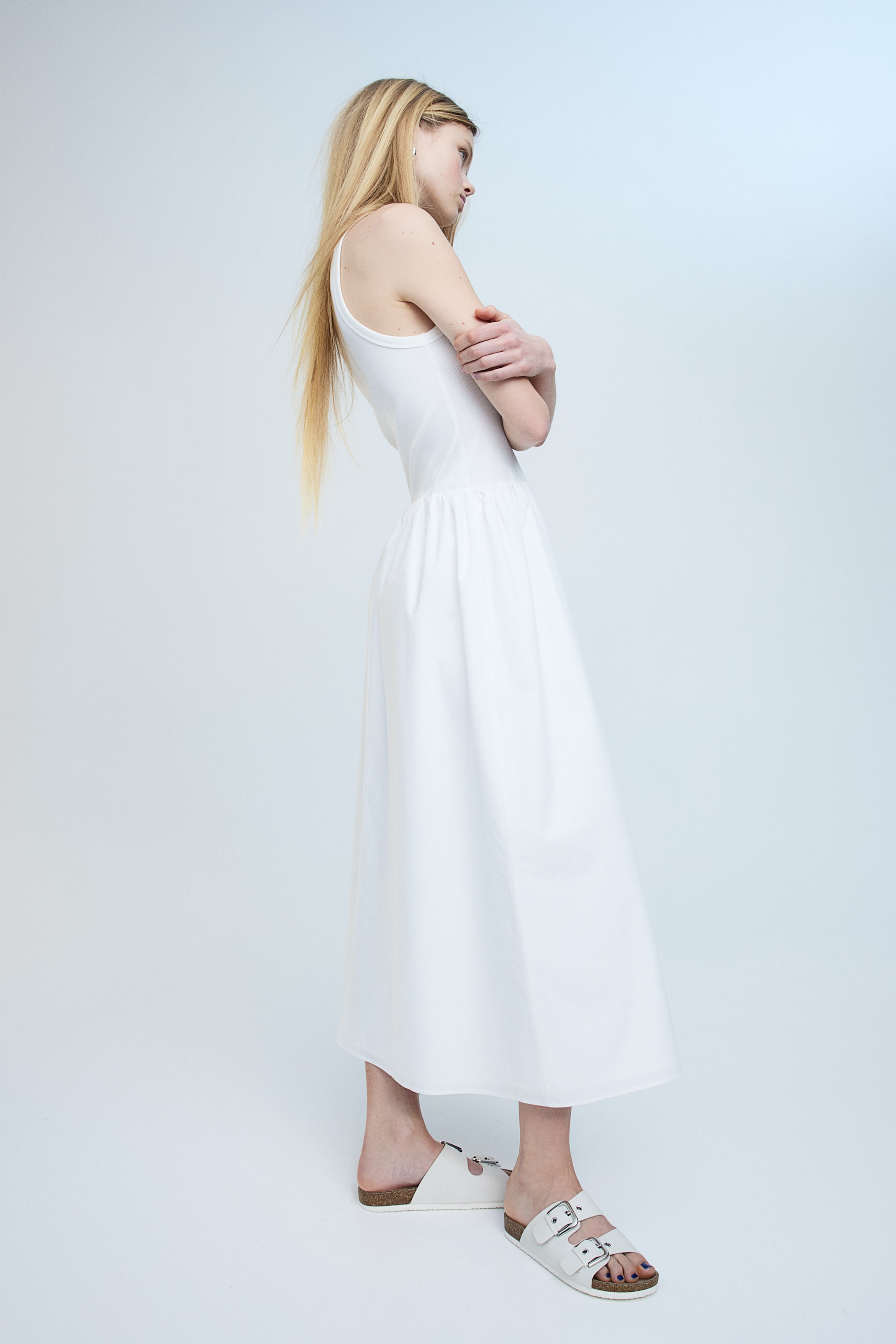 Poplin-skirt Ribbed Jersey Dress