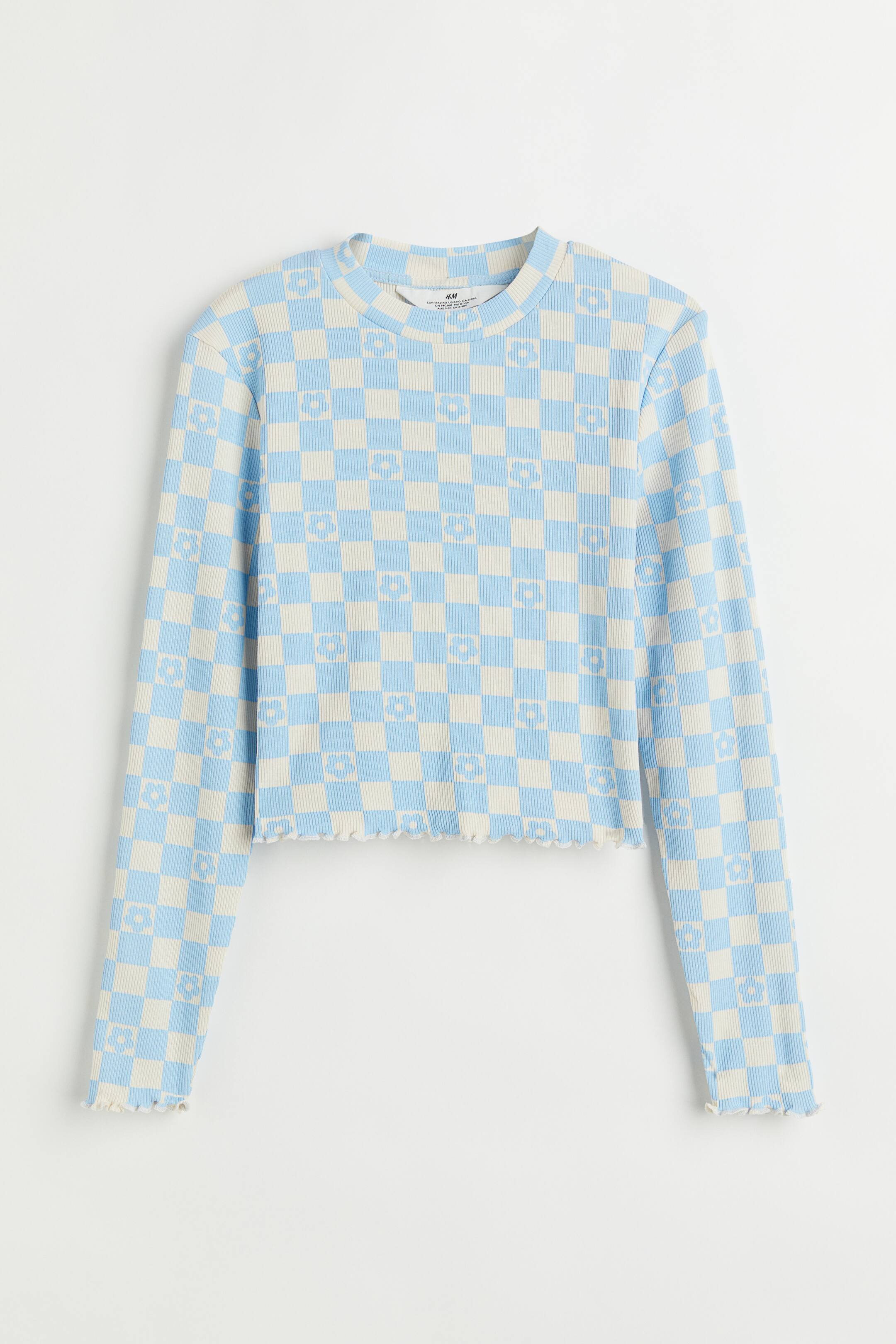 View larger image: Ribbed cotton jersey cropped top - Natural white/Checked - Kids | H&M 1