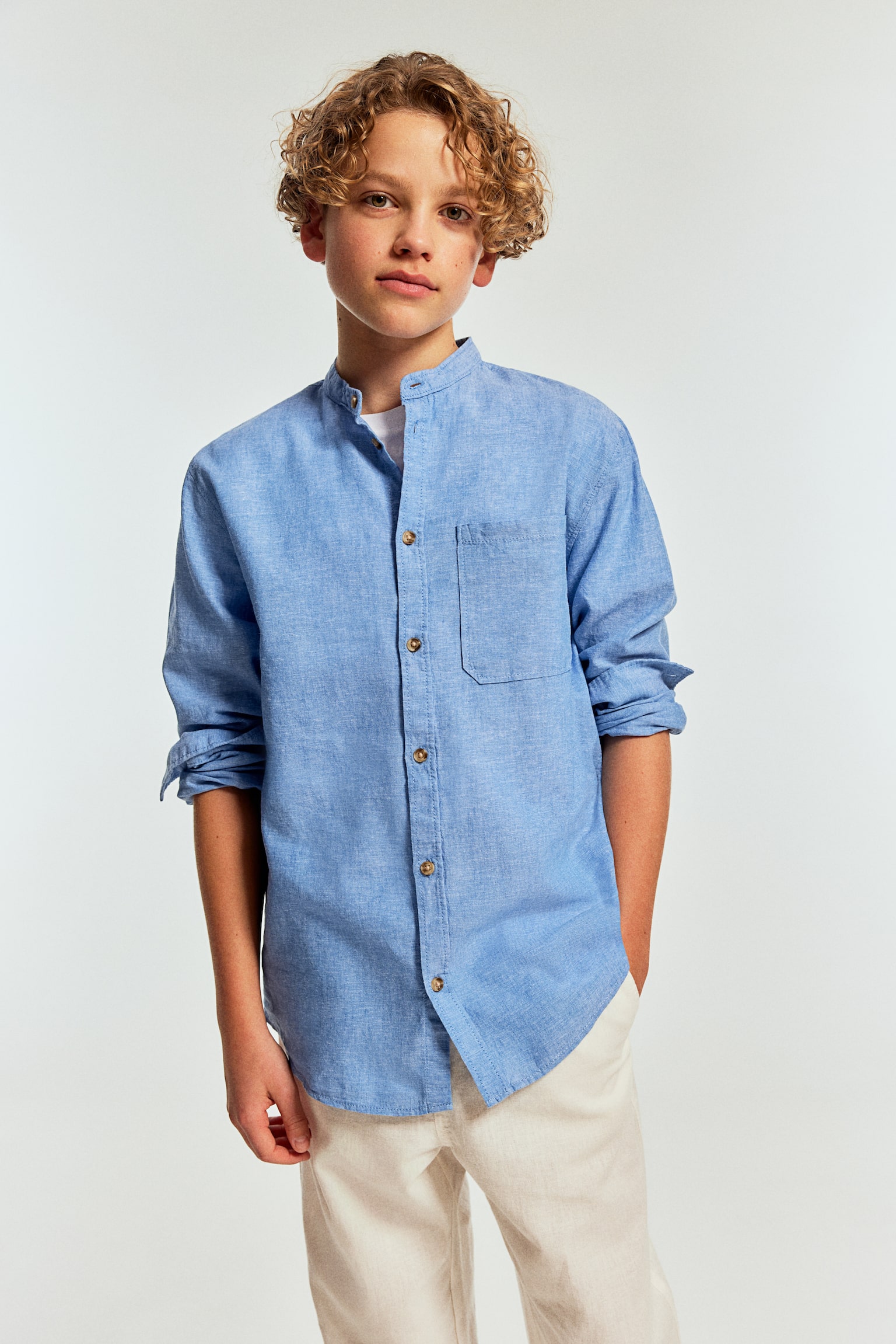 Linen Blend Grandad Shirt - Light blue marle/White - 2