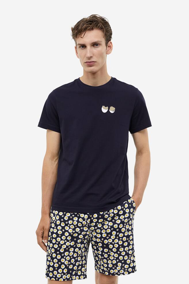 Regular Fit Pyjama T-shirt and shorts - Dark blue/Eggs/Cream/Keep on Growing/Black/White striped/Brown/Paisley-patterned - 1