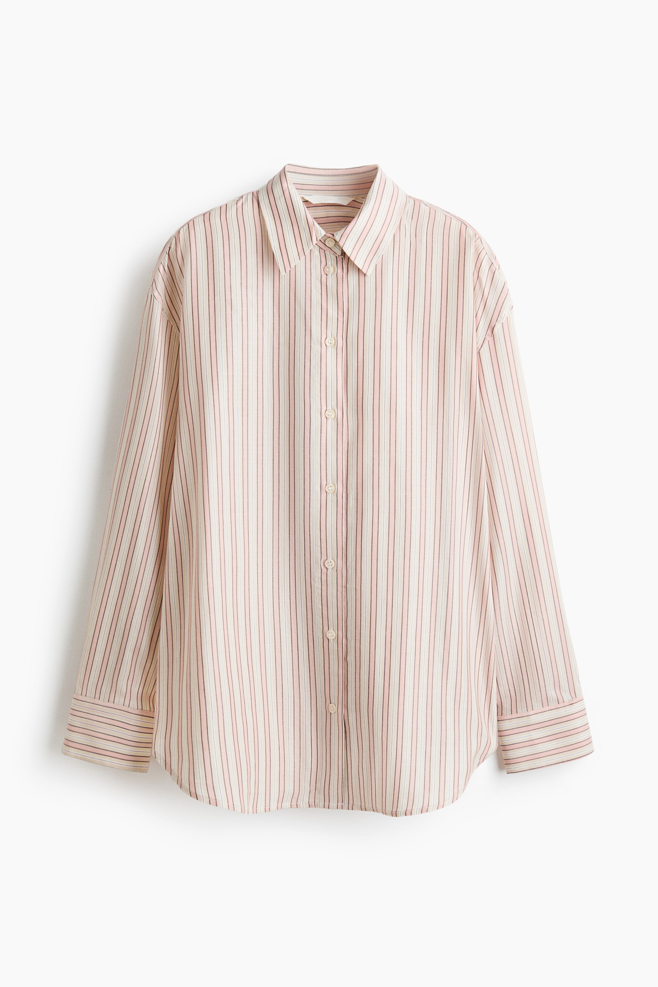 View larger image: Front view of a button-down shirt showcasing vertical pink and slender dark red stripes against a cream backdrop. It features a pointed collar, a full-button placket with light round buttons, long sleeves with buttoned cuffs, and a gently curving hem.