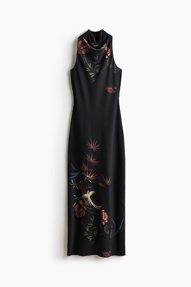 Sleeveless cowl-neck dress - Black/Flowers/Bright red - 1