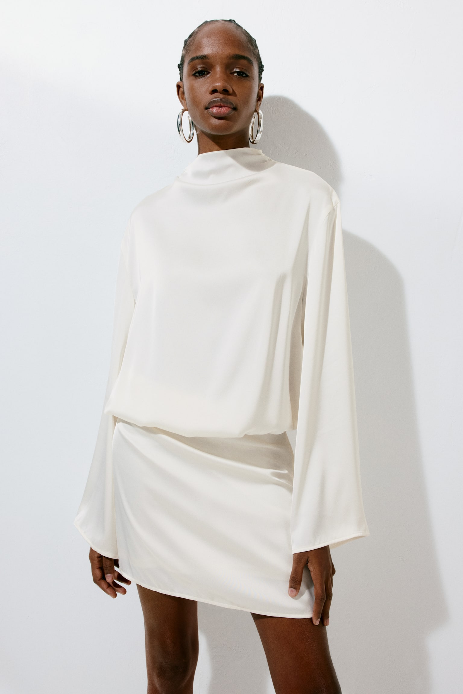 Draped satin dress - Cream - 7