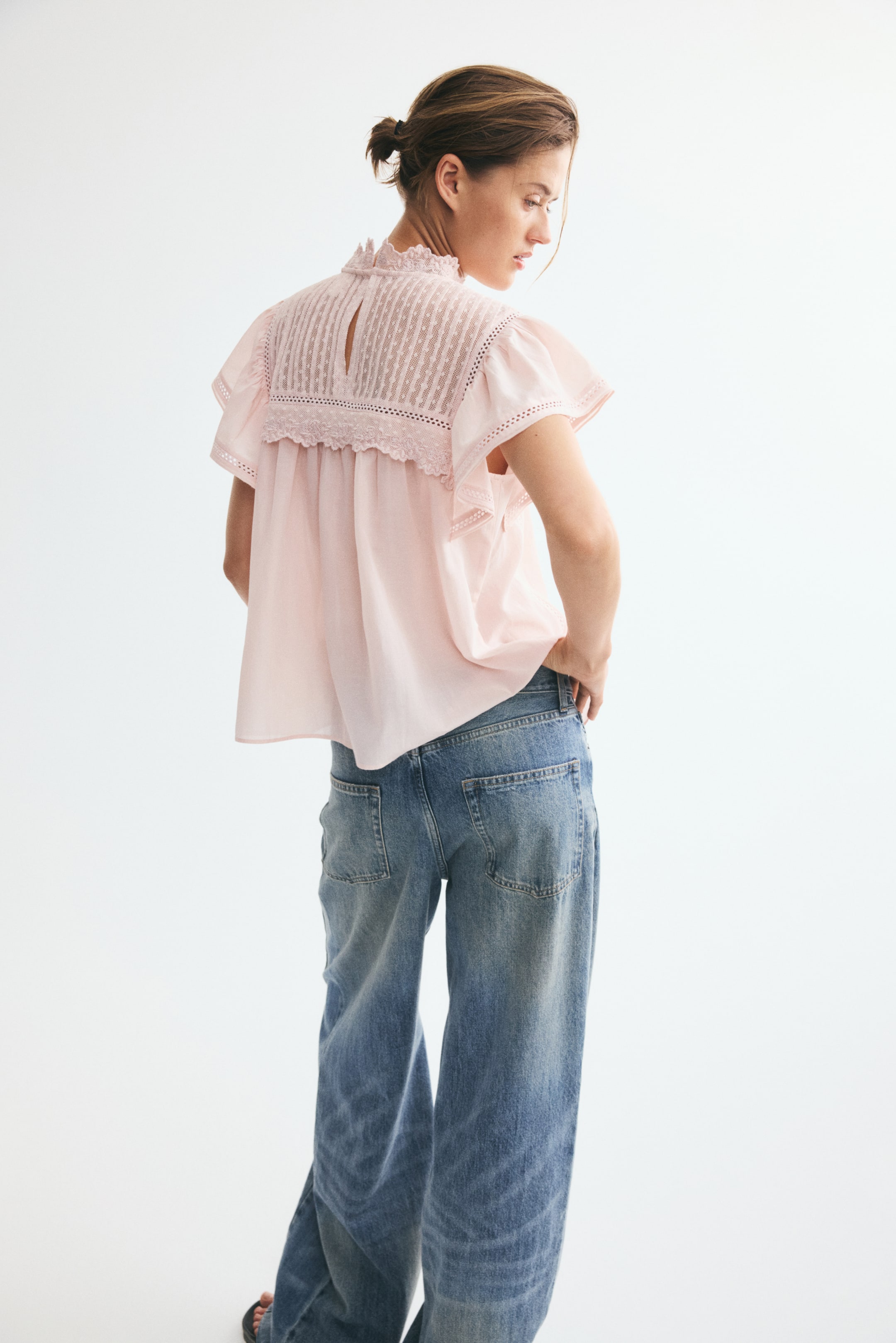 Lace-Trimmed Flutter-Sleeved Blouse