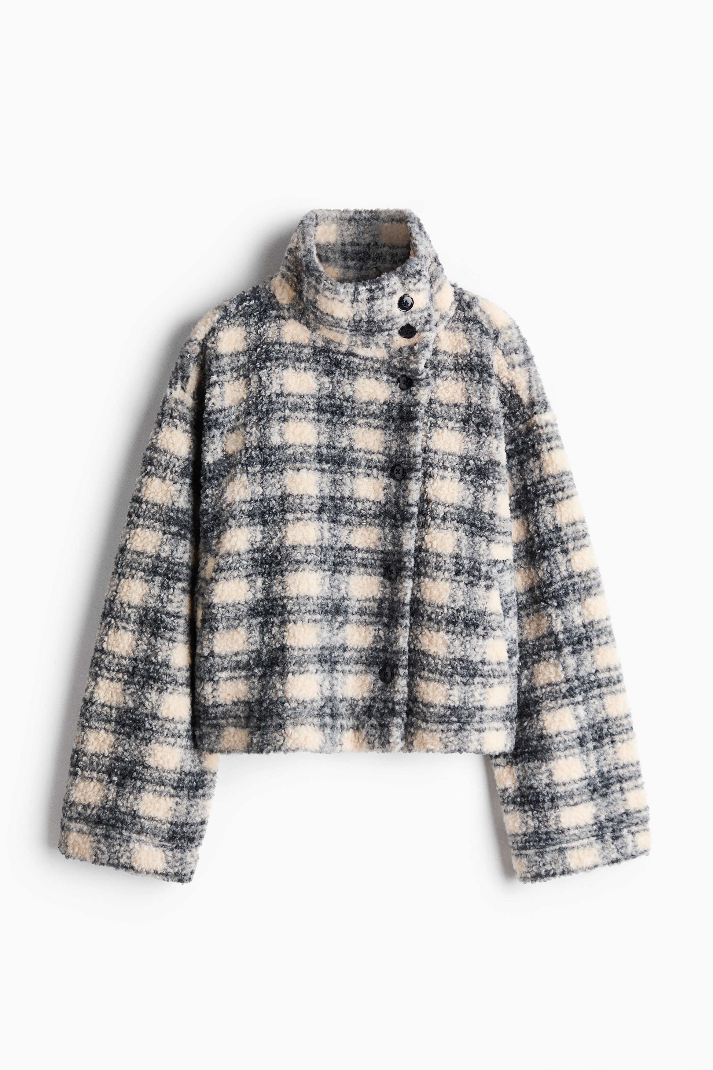 Veste en tissu peluche avec col droit - Crème/carreaux