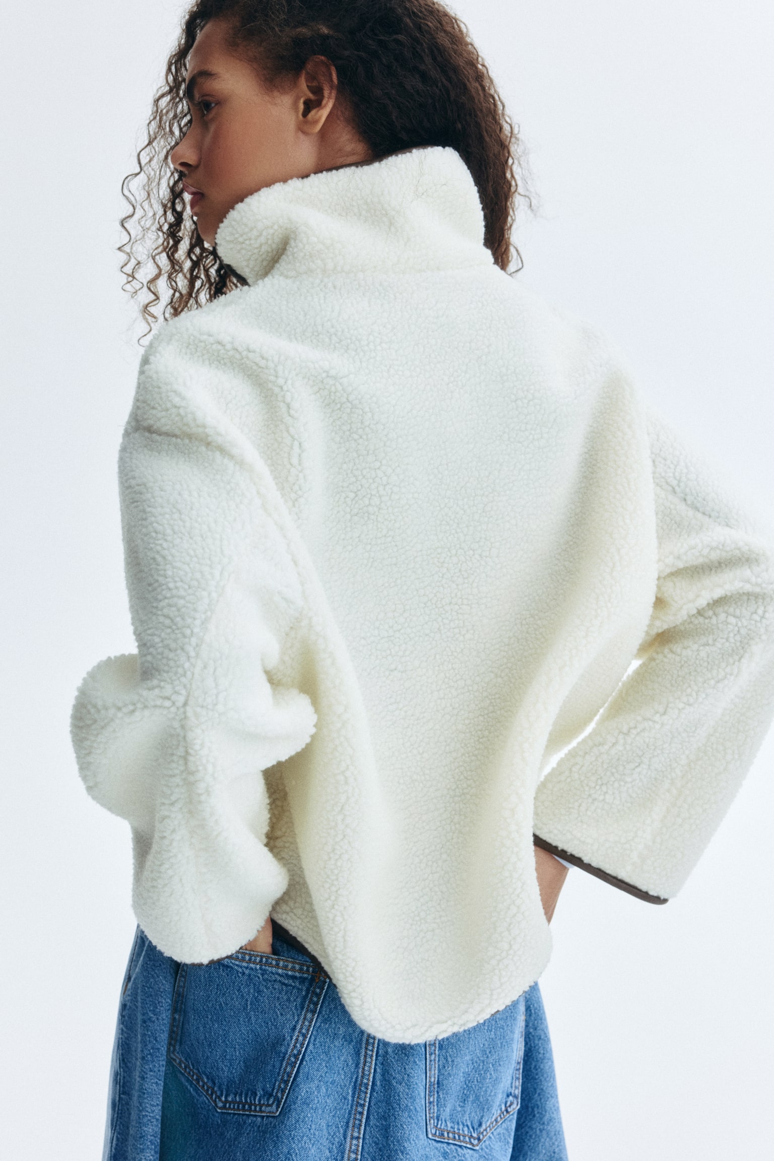 Sweatshirt i pile med dragkedja - Crèmevit/Beige/Mönstrad - 5