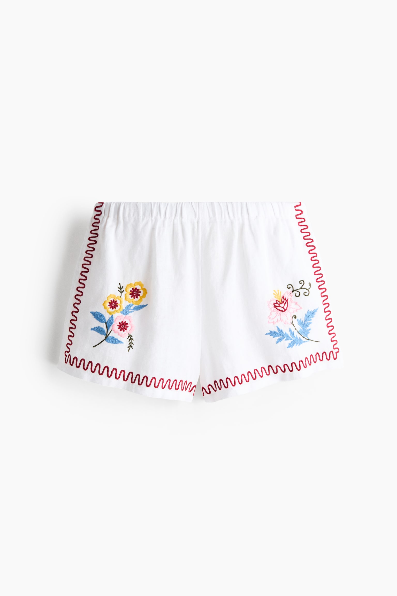Embroidered linen beach shorts - White/Dark red - 1