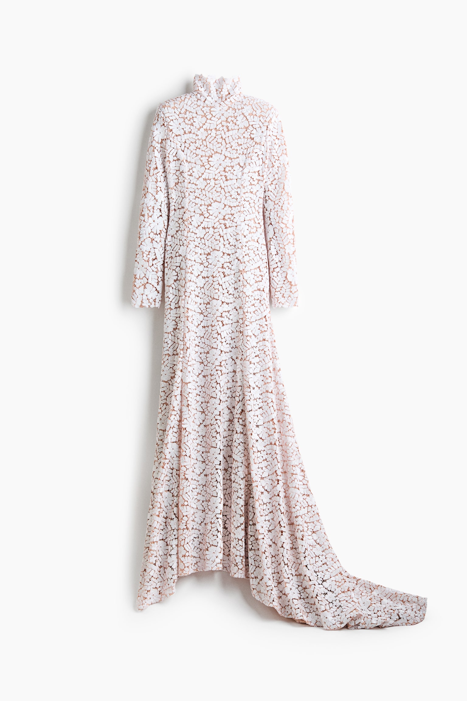 A floor-sweeping white lace dress is hanging facing front, showcasing a fitted silhouette and structured shoulders. The design is featuring a high collar with an irregular top edge, long sleeves, and a flared skirt that is draping into an elegant train. - 1
