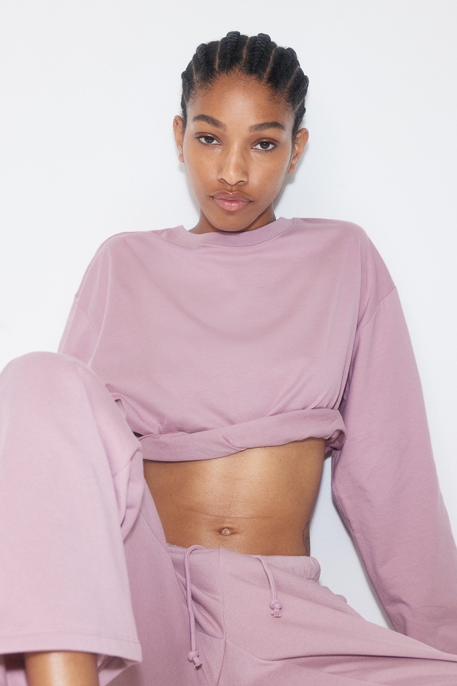 Long-sleeved cotton top - Dusty pink/Dark grey/Black/White/Light greige - 1