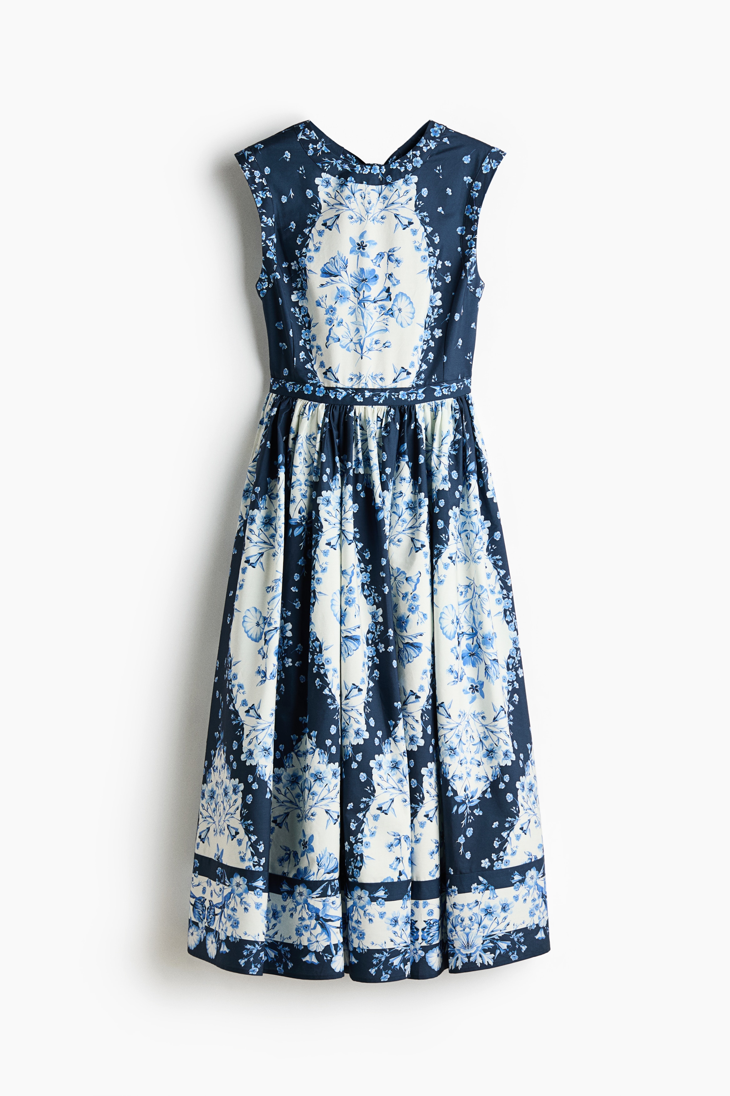 Flared-skirt poplin dress - Navy blue/Blue floral