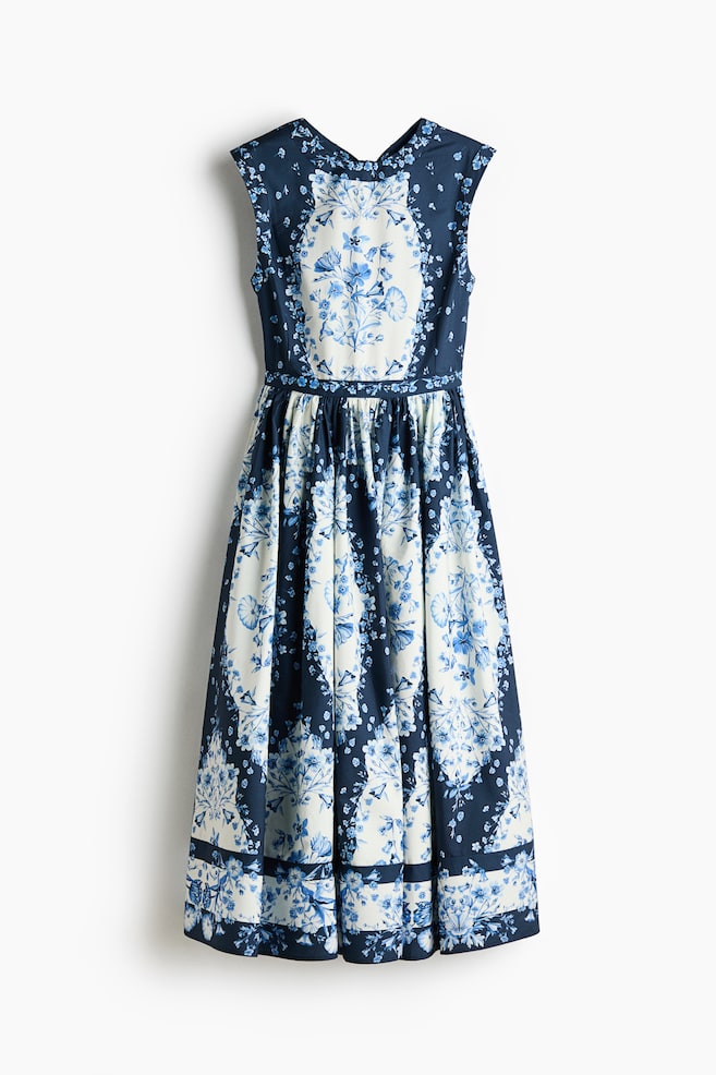 Flared-skirt poplin dress - Navy blue/Blue floral - 1