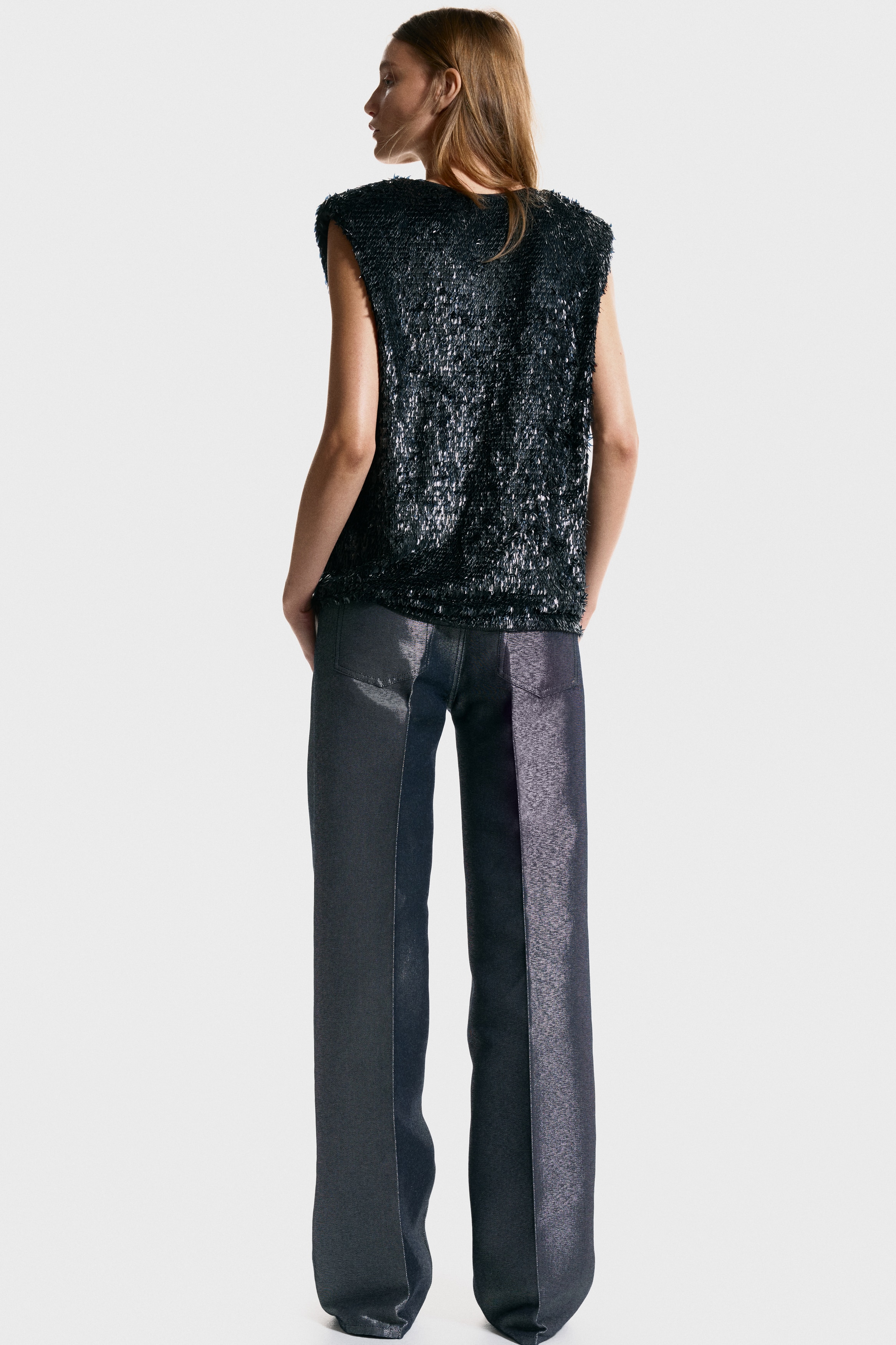 Sequined shoulder-pad top