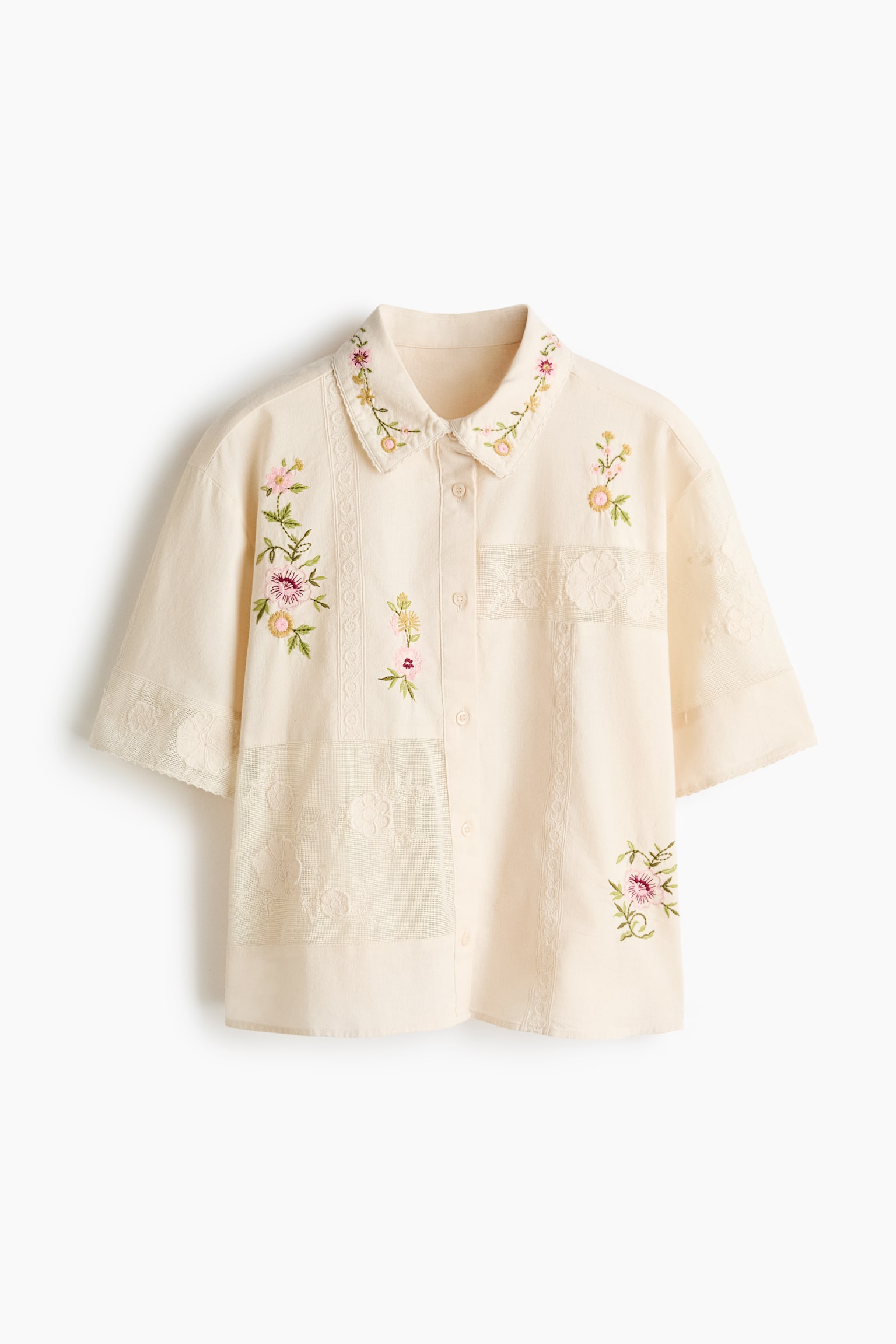 Linen-blend pyjama shirt - Light beige/Flowers - 1