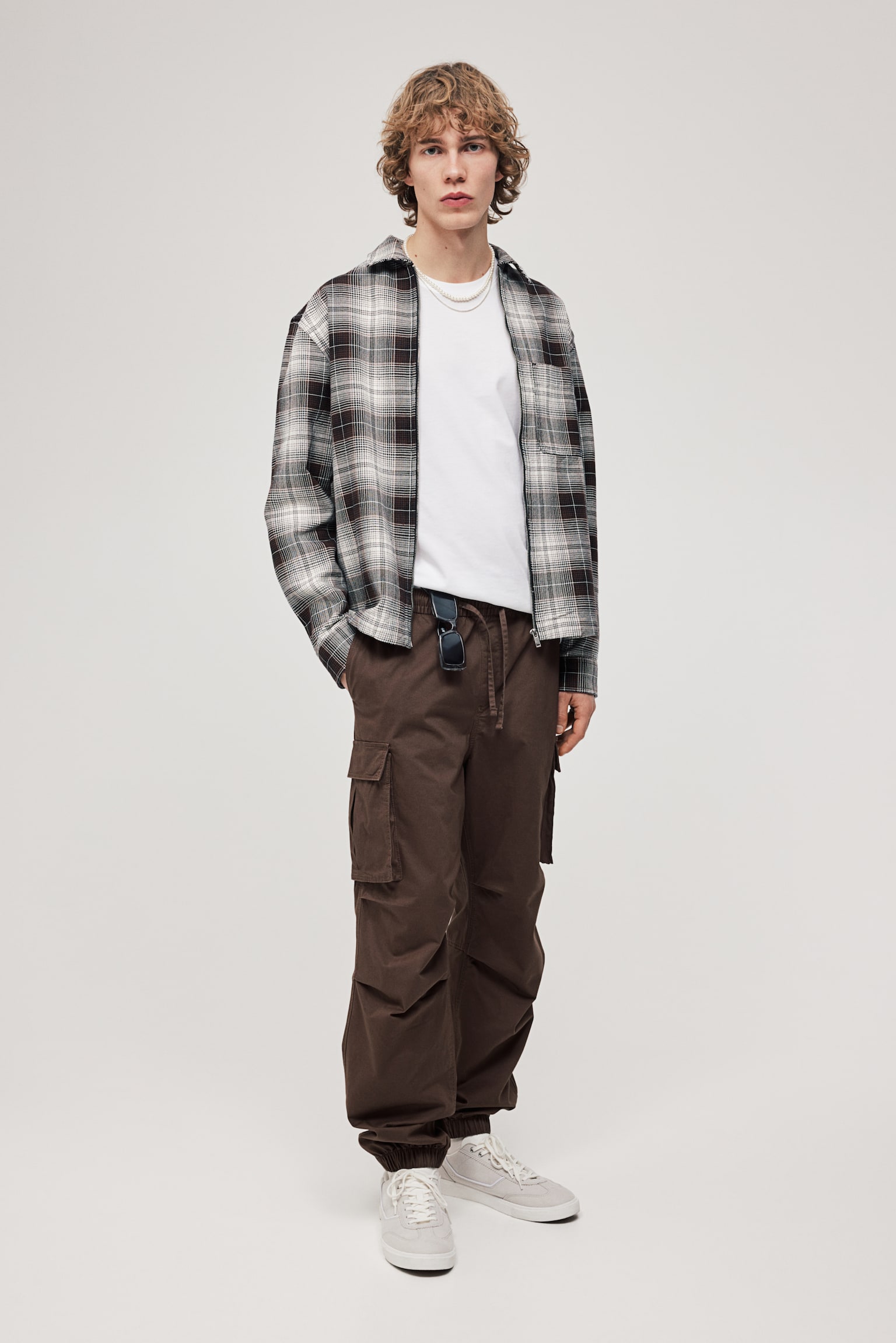 Loose Fit Zip Up Overshirt - Brown/Check - 3