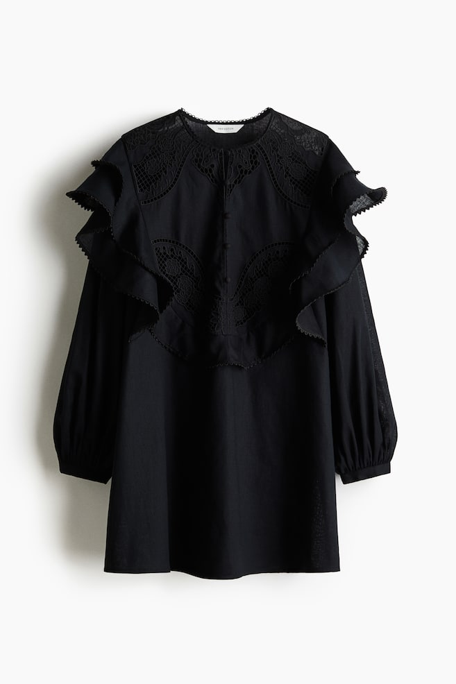 Linen-blend tunic dress - Black/White - 1