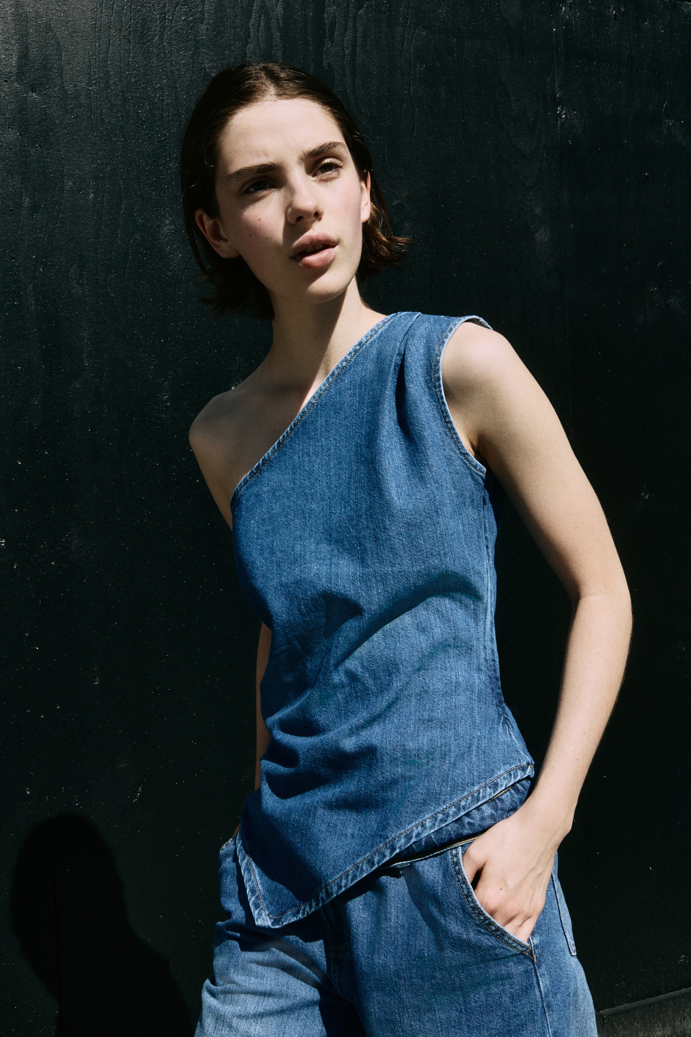 Denim One-Shoulder Top - Denim blue