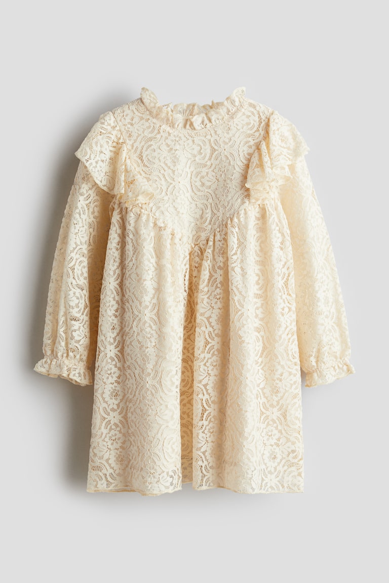 Ruffle-Trimmed Lace Dress - Light beige