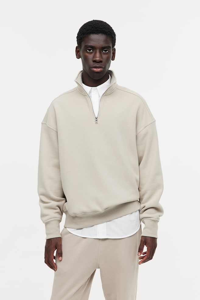 Oversized Fit Half-zip sweatshirt - Light beige/Black/Blue - 1